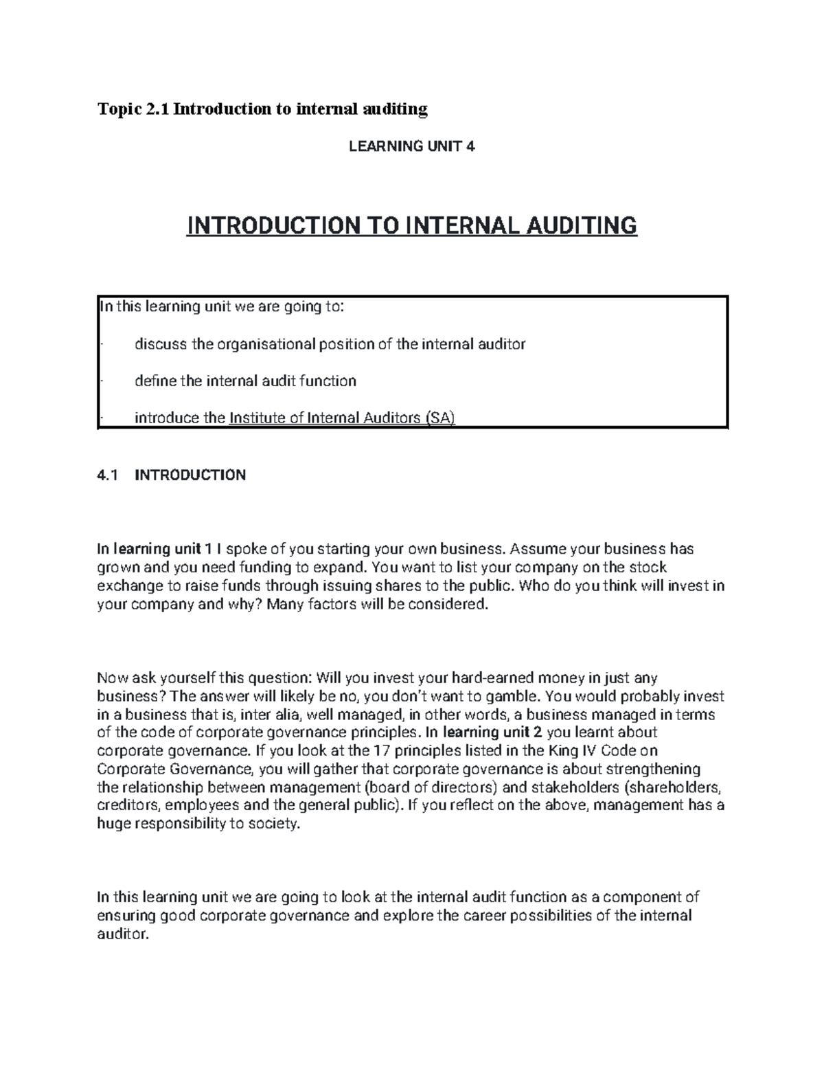 Introduction to Internal Auditing: Theory & Practice (Course Code: IIA ...