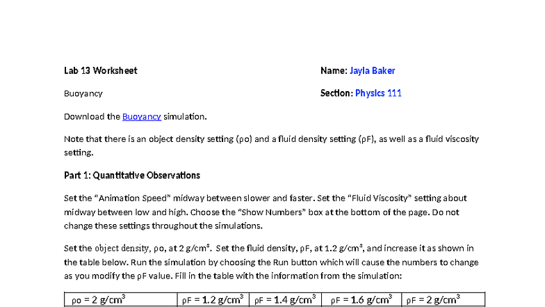 Lab 13 Worksheet: Exploring Buoyancy in Physics - Studocu