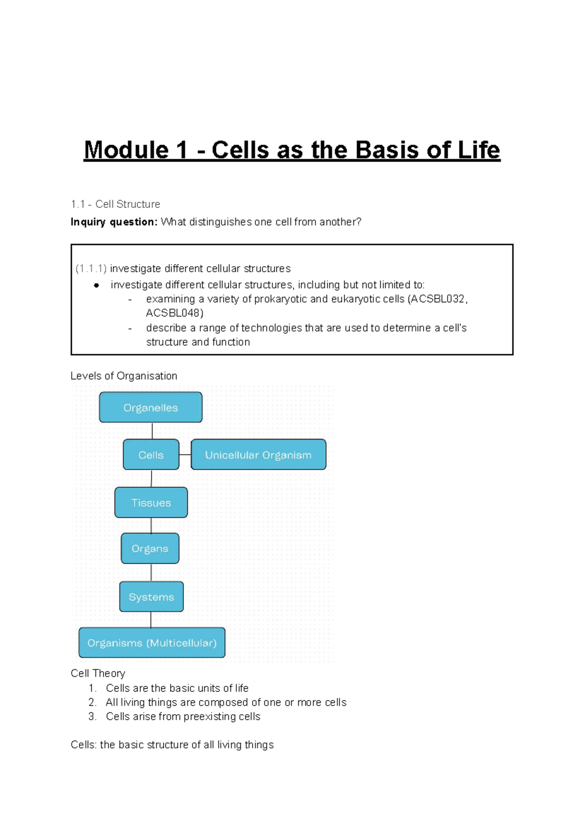 Biology Notes YR 11: Module 1 - Cells as the Basis of Life (ACSBL032 ...