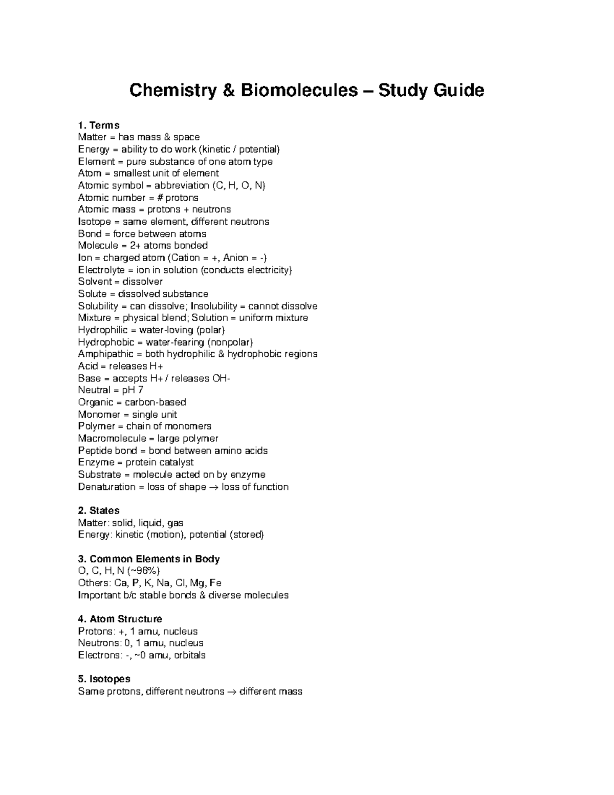 Chemistry Biomolecules Study Guide: Key Terms and Concepts - Studocu