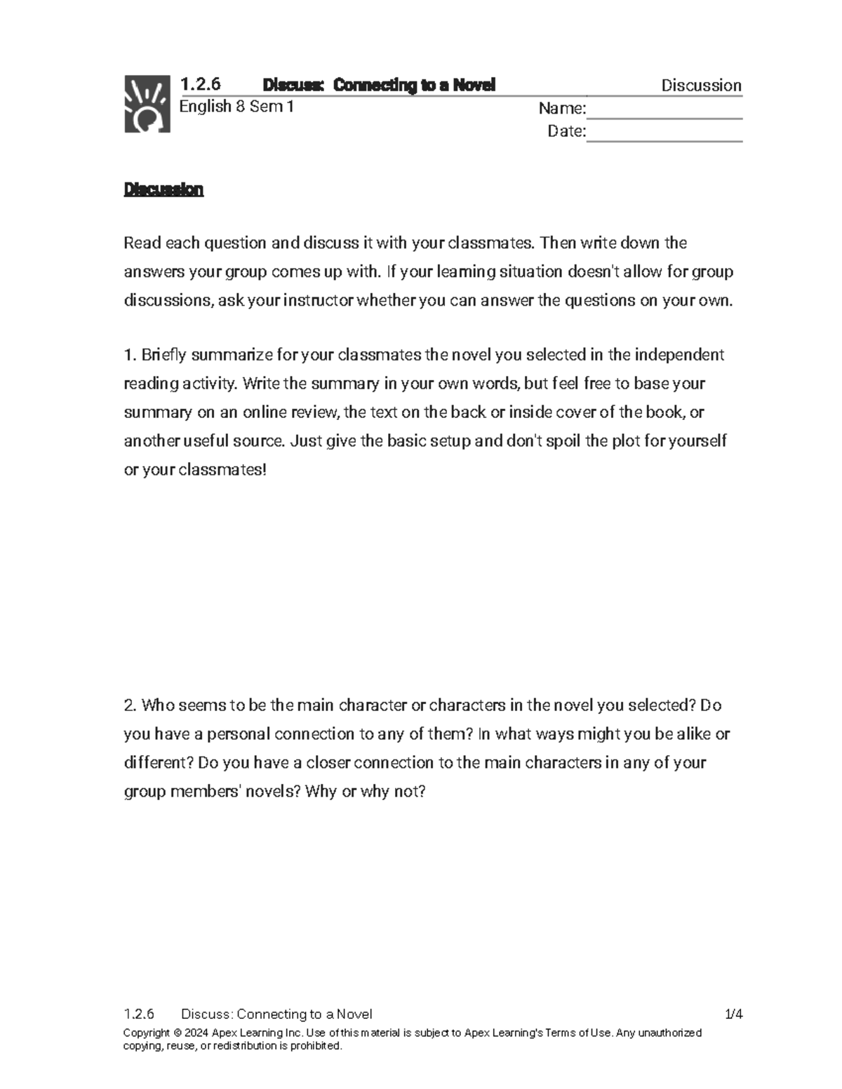 ENG 8 Sem 1 - Discussing Connections to a Selected Novel - Studocu
