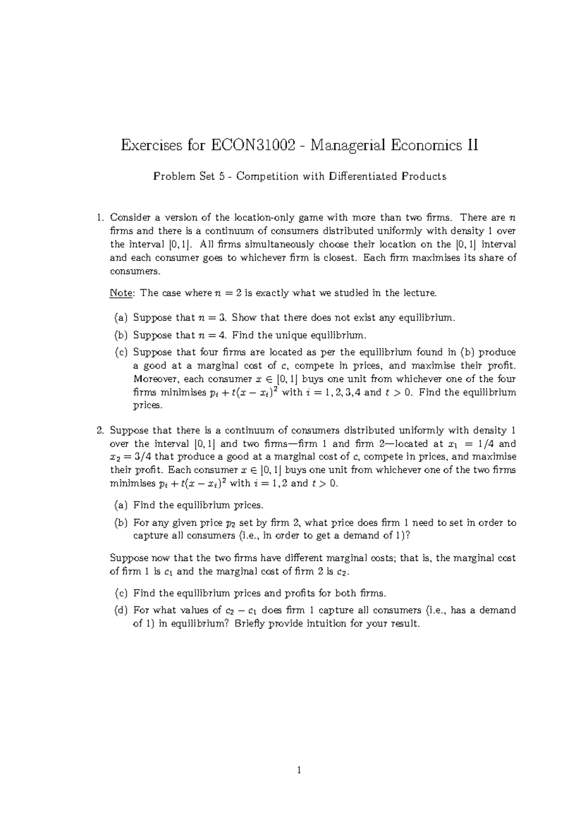 Exercises for ECON31002 Managerial Economics II: PS5 on Competition ...