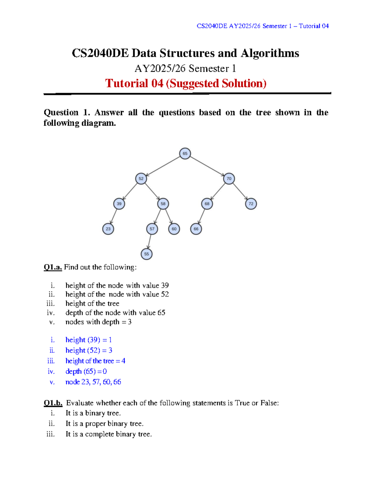 CS2040DE Semester 1 Tutorial 04 Suggested Solutions on Trees - Studocu