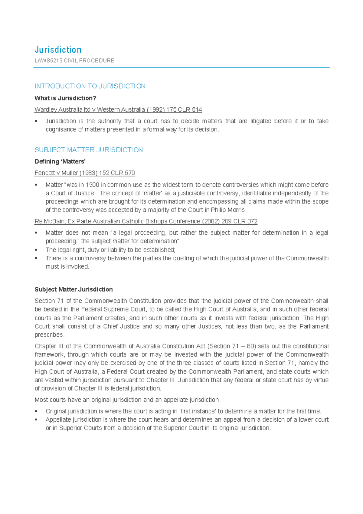 LAWS5215 Summary on Jurisdiction in Civil Procedure - Studocu