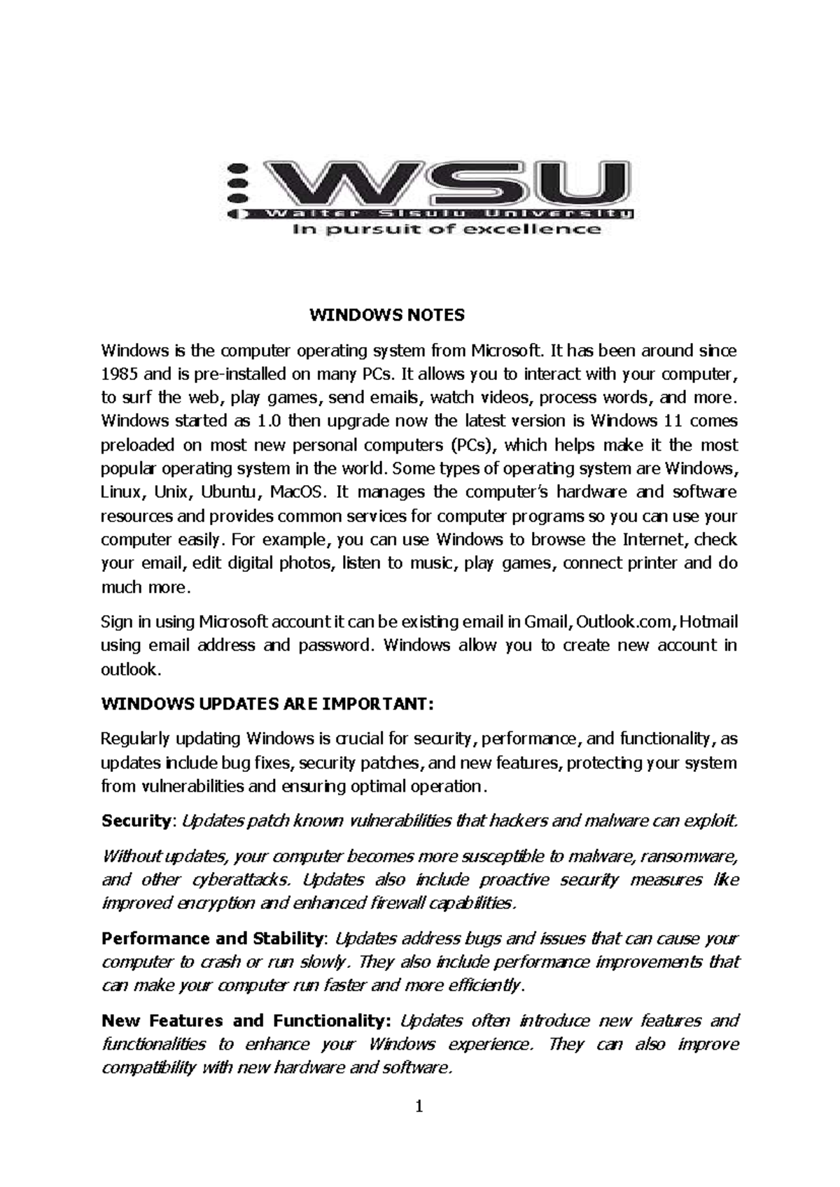 COMP 101: Windows Operating System Overview and Usage Notes - Studocu