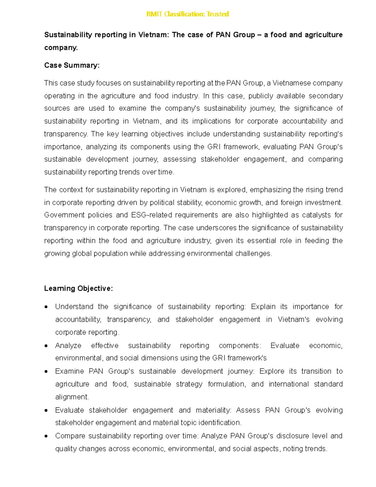 RMIT Case Study: Sustainability Reporting at PAN Group in Vietnam - Studocu