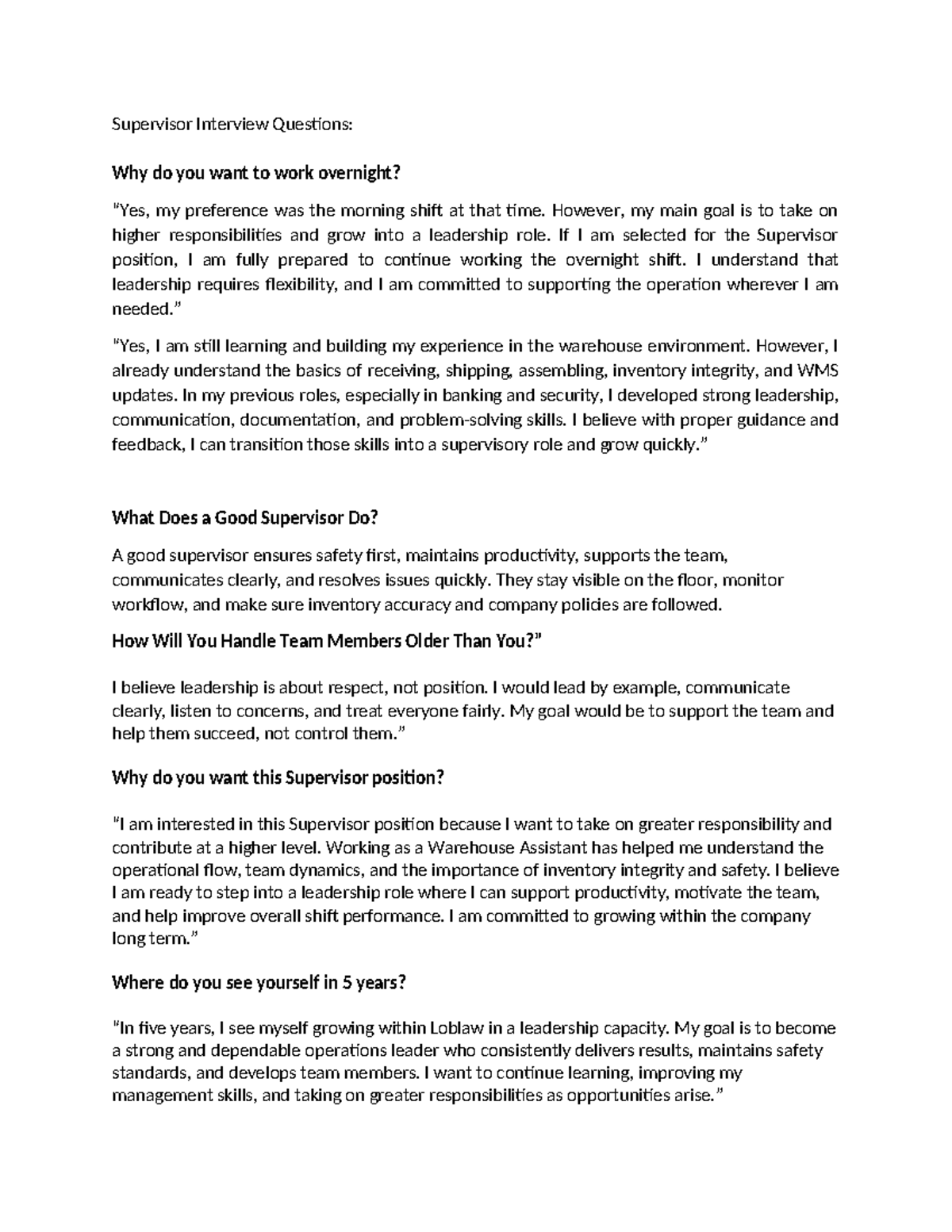 Supervisor Interview Questions for Leadership Role in Warehouse - Studocu