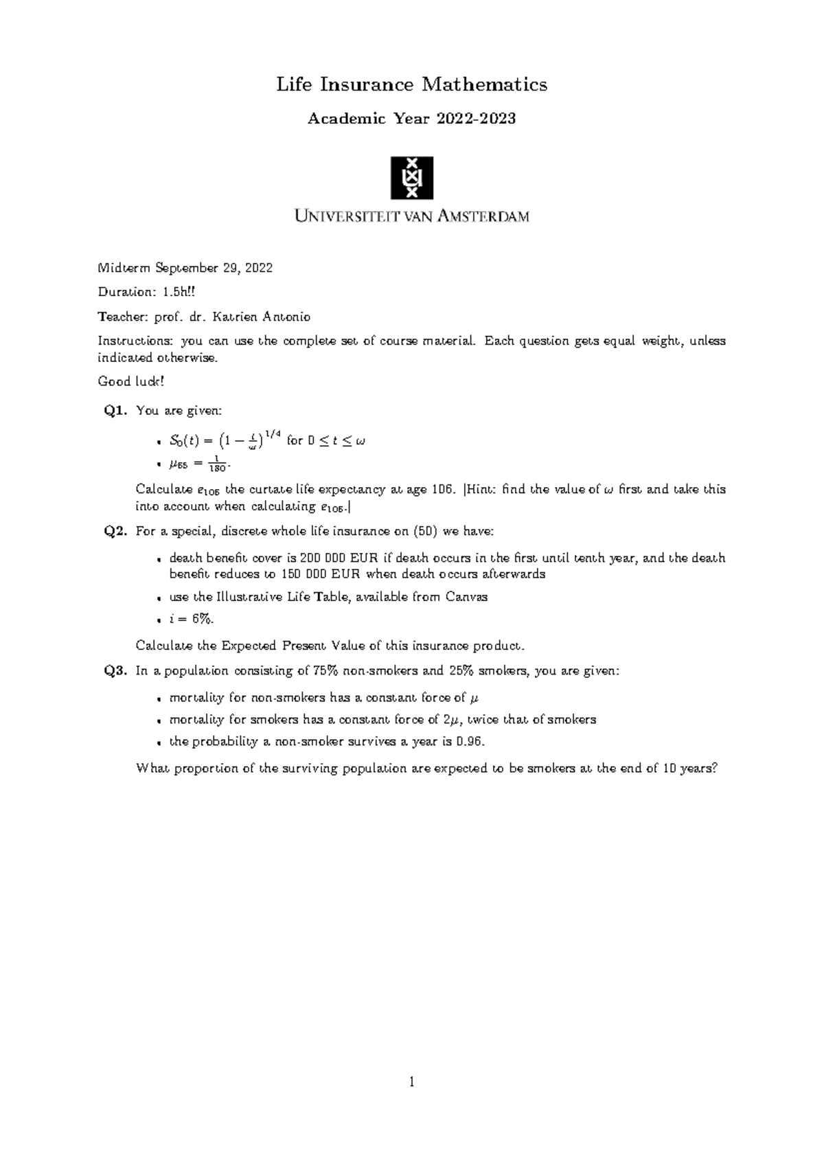 Life Insurance Mathematics Midterm 2022 - Example Questions - Studeersnel