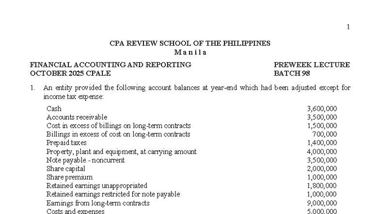7514 - CPALE Financial Accounting & Reporting Preweek Problems - Studocu