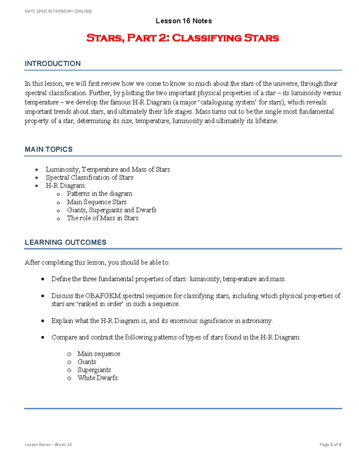 NATS 1740: ASTRONOMY (ONLINE) Lesson 16 Notes on Star Classification ...