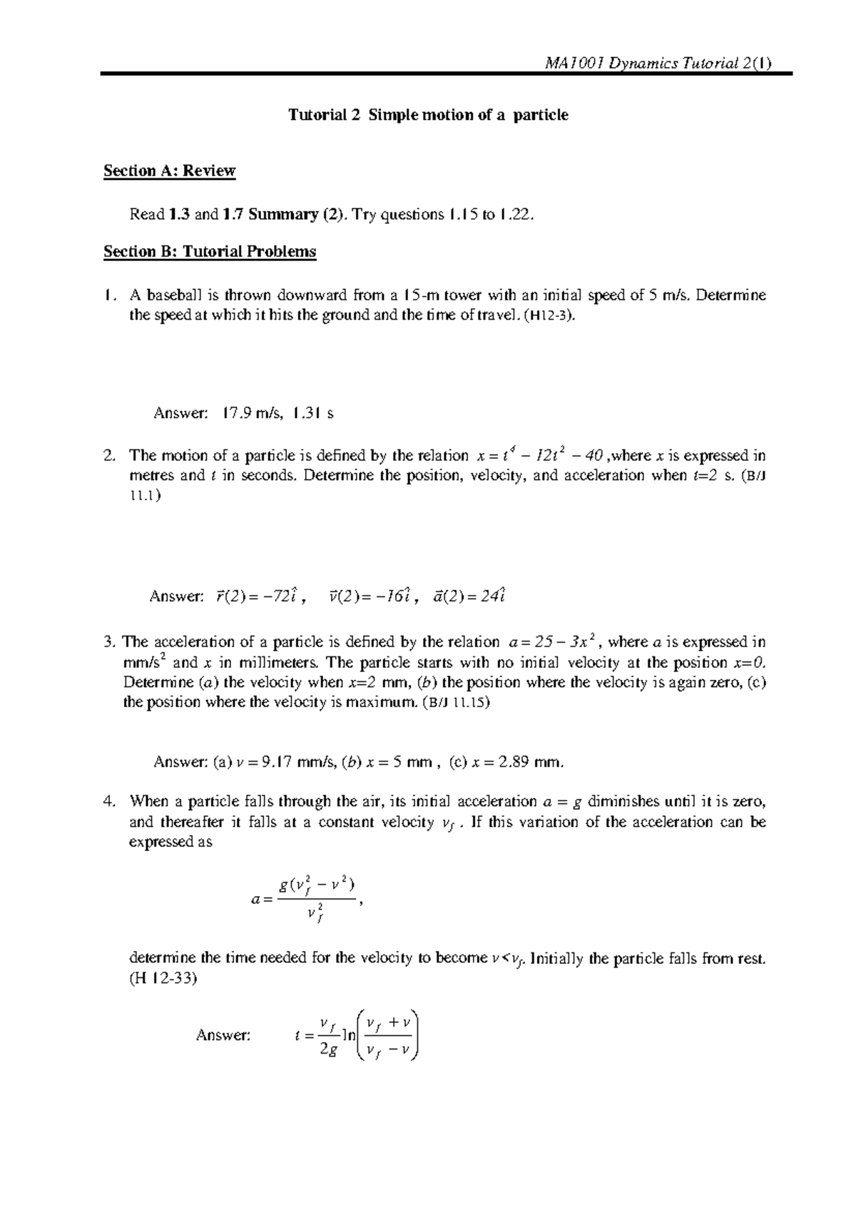 MA1001 Dynamics Tutorial 2: Simple Motion of a Particle - Studocu