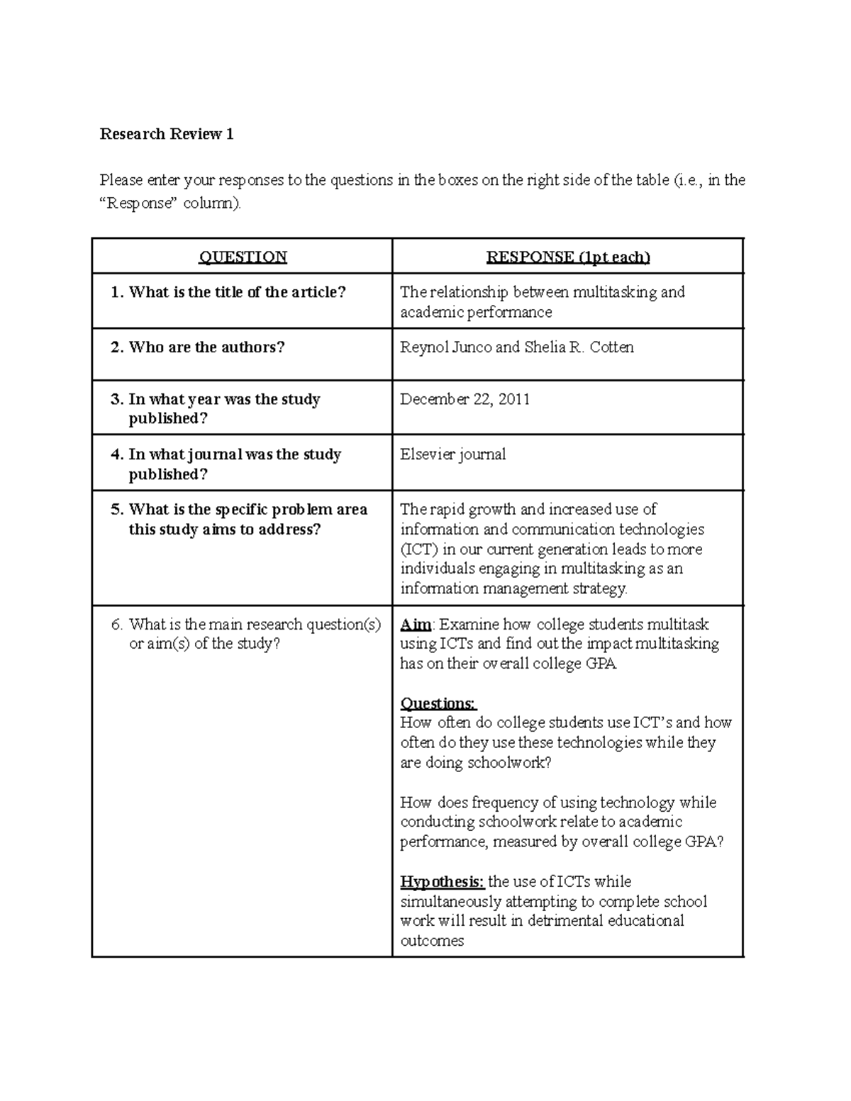 Research Review 1 - , in the “Response” column). QUESTION RESPONSE (1pt ...