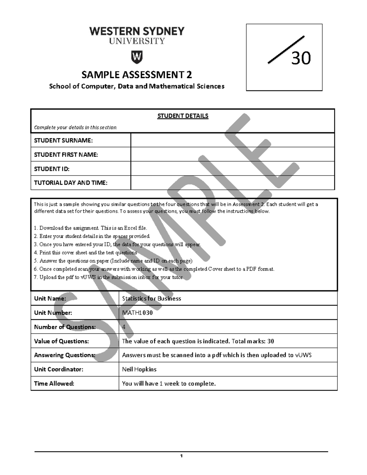 Sample Assessment 2 & Solutions - SAMPLE ASSESSMENT 2 School of ...