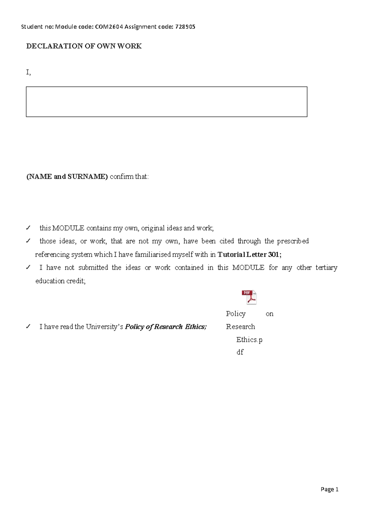 COM2604 Assignment One - DECLARATION OF OWN WORK I, (NAME and SURNAME ...