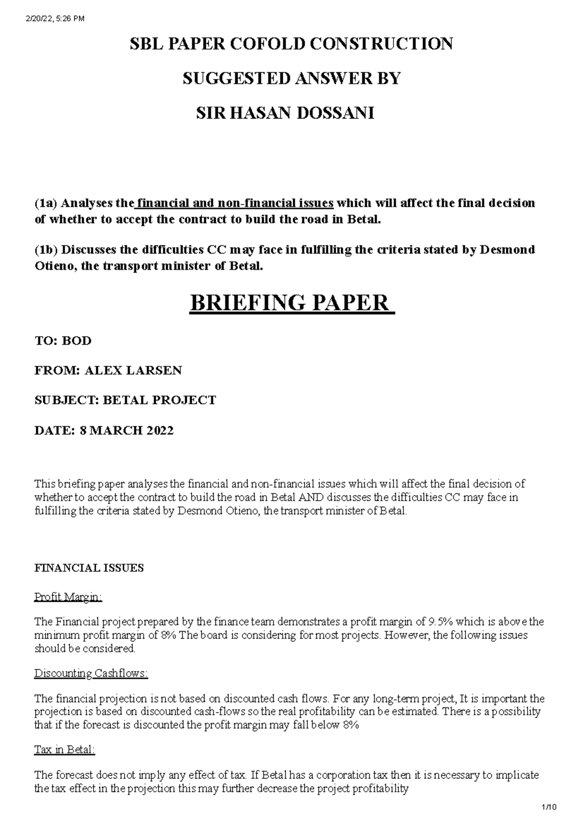 Cofold Construction SBL Paper: Betal Project Financial Analysis & Risks ...