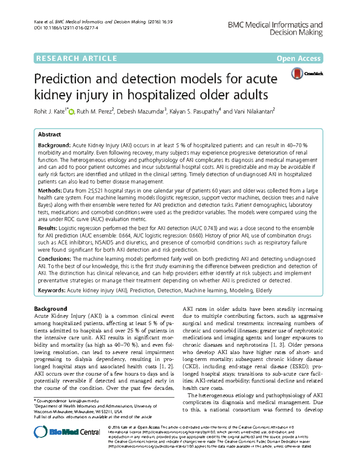 Prediction and Detection of Acute Kidney Injury in Hospitalized Older ...
