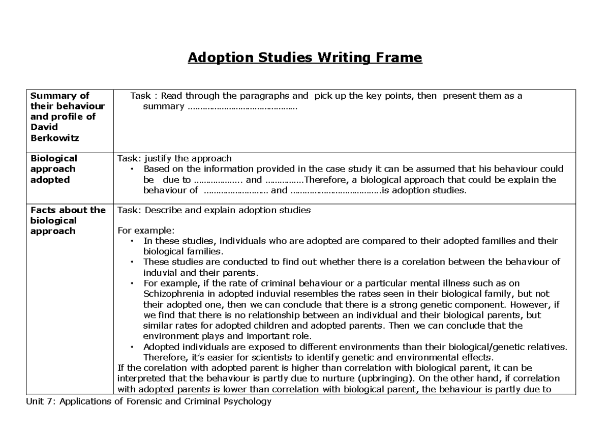 Adoption Studies Writing Frame - Adoption Studies Writing Frame Summary ...