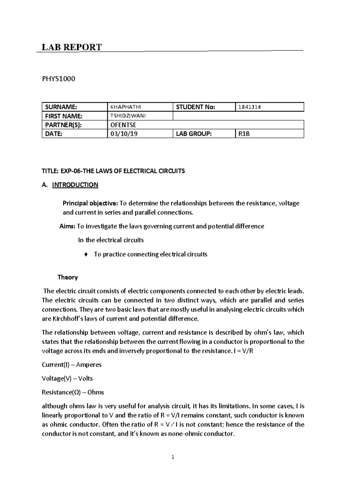 PHYS 1841316 Lab Report: Experiment 6 on Electrical Circuit Laws - Studocu