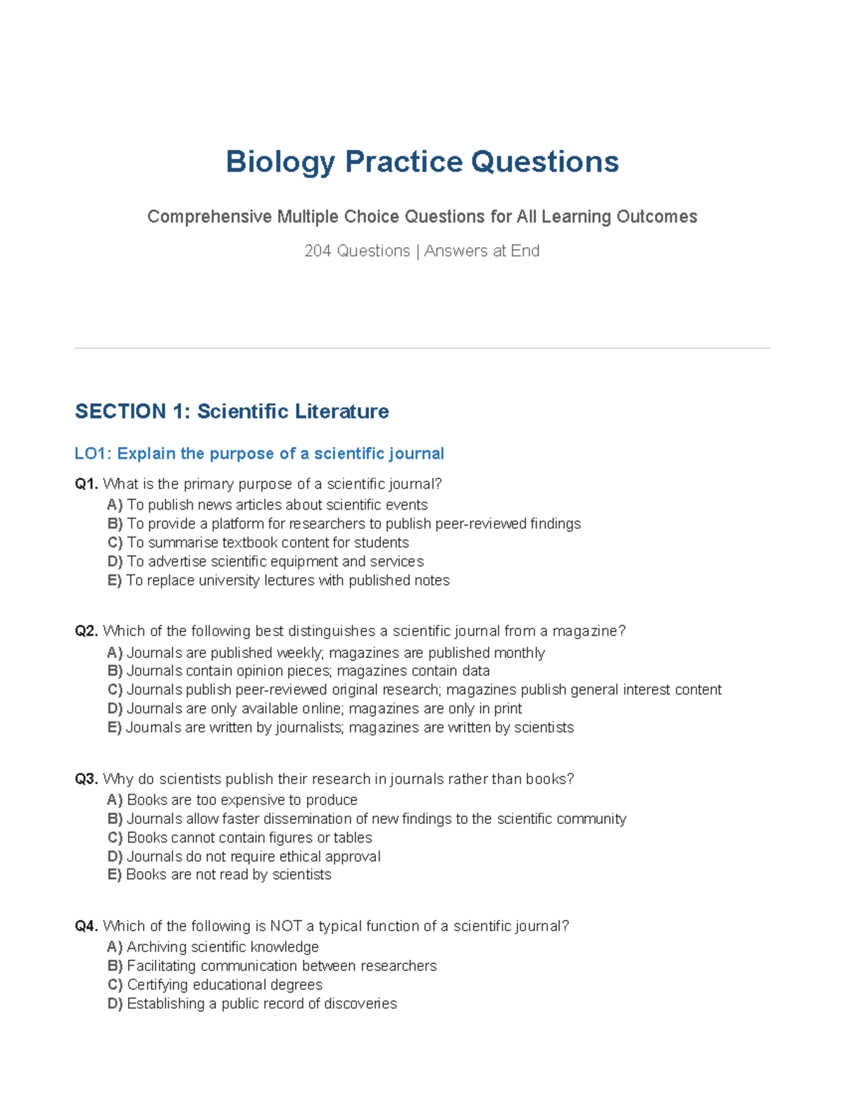 Biology MCQ Practice Questions for All Learning Outcomes (LOs) - Studocu