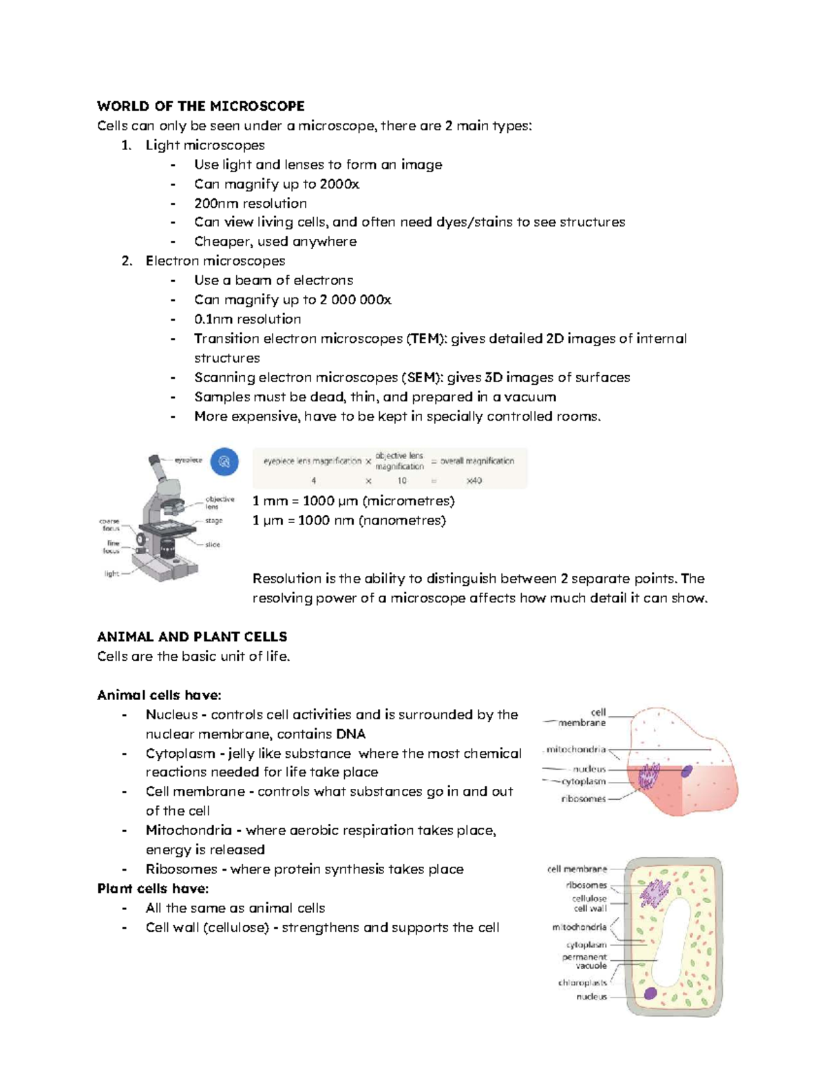 Science Year 9 Nov Summative Revision: Microscopes & Cells - Studocu