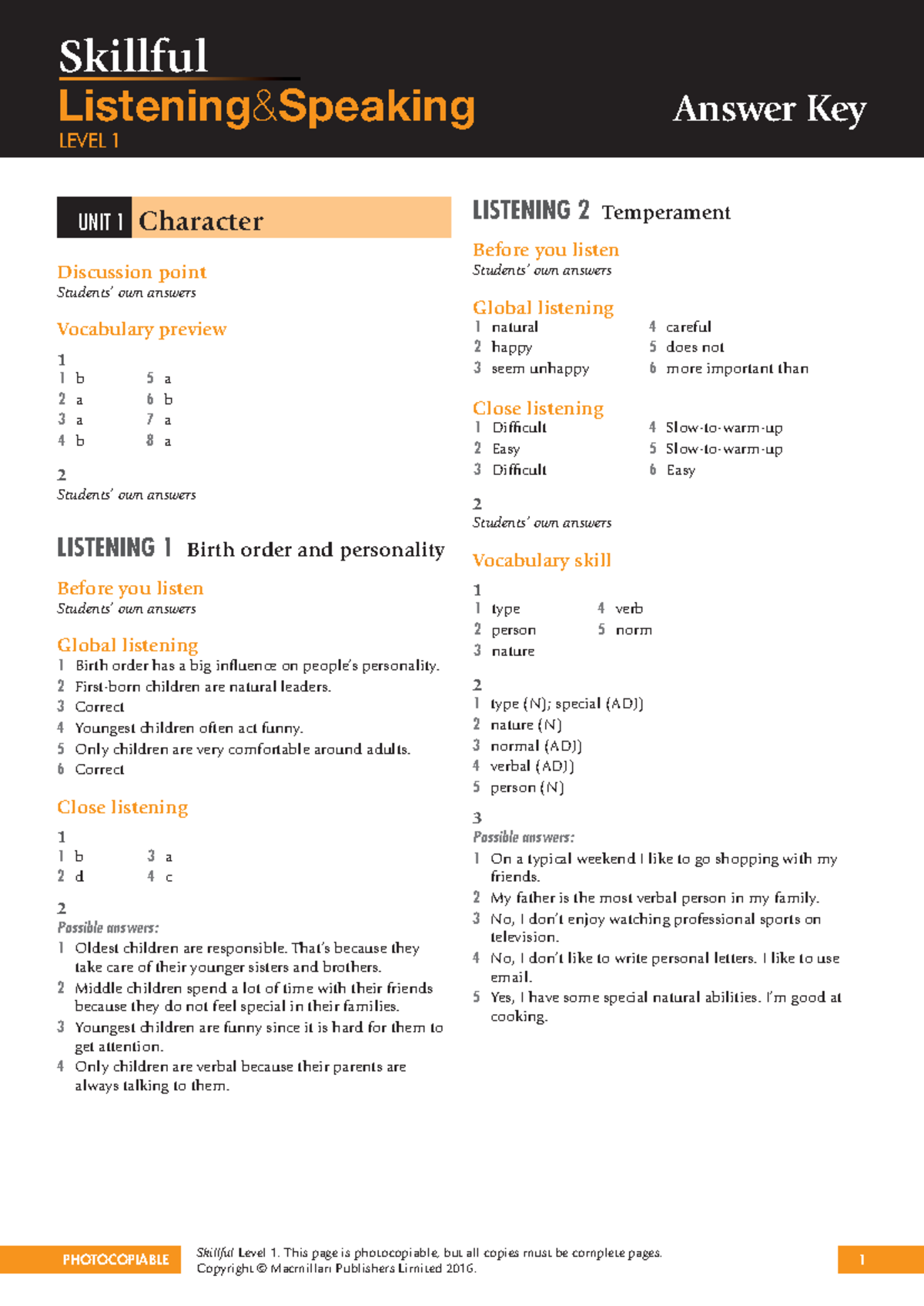 Skillful Listening & Speaking 1: Answer Key for Students - Studocu