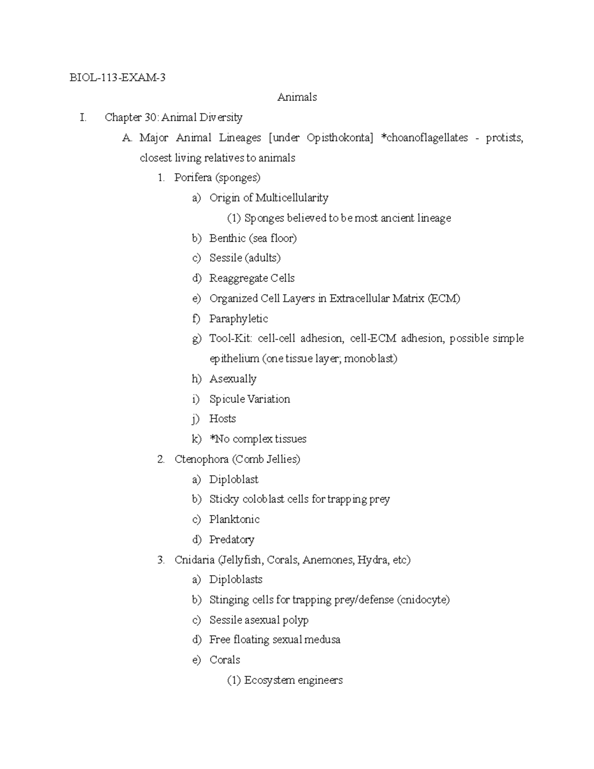 BIOL 113 Exam 3 Comprehensive Study Guide on Animal Diversity - Studocu