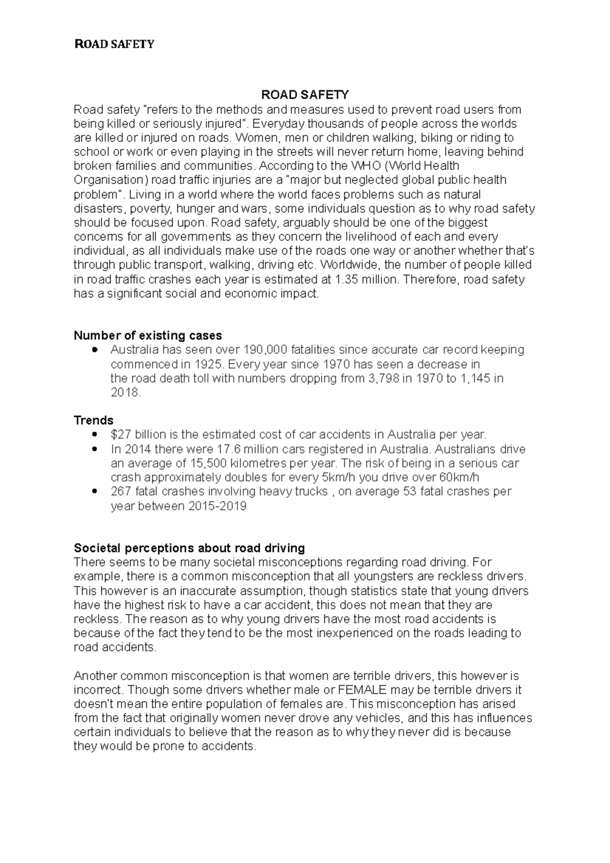 Road safety - Lecture notes 1 - ROAD SAFETY ROAD SAFETY Road safety ...