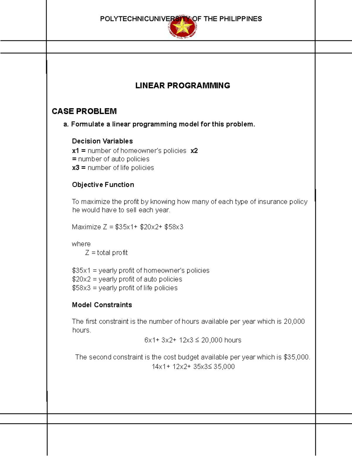 Linear Programming Case Study: Profit Maximization Model - Studocu