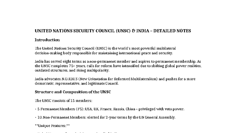 UNSC Reform and India's Role: Detailed Notes for IR Module 5 - Studocu