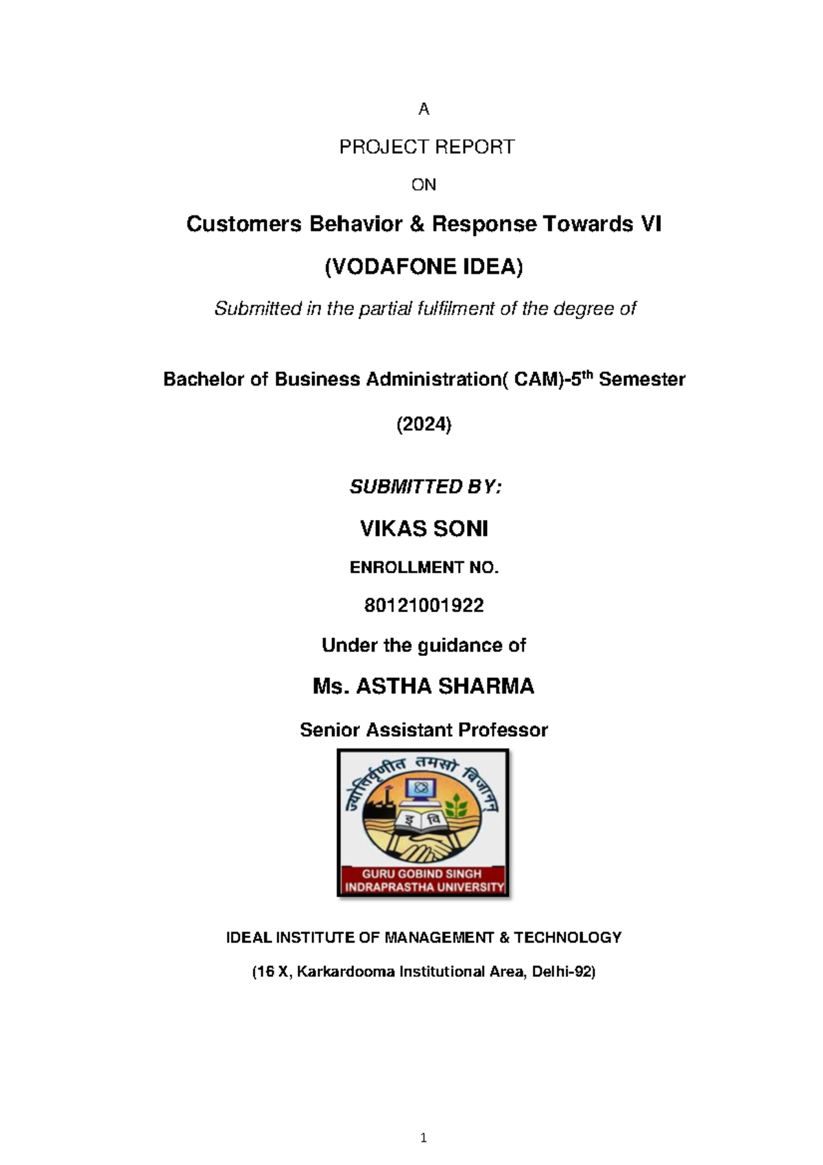 BBA CAM 5th Sem Project Report on Customer Behavior Towards VI - Studocu