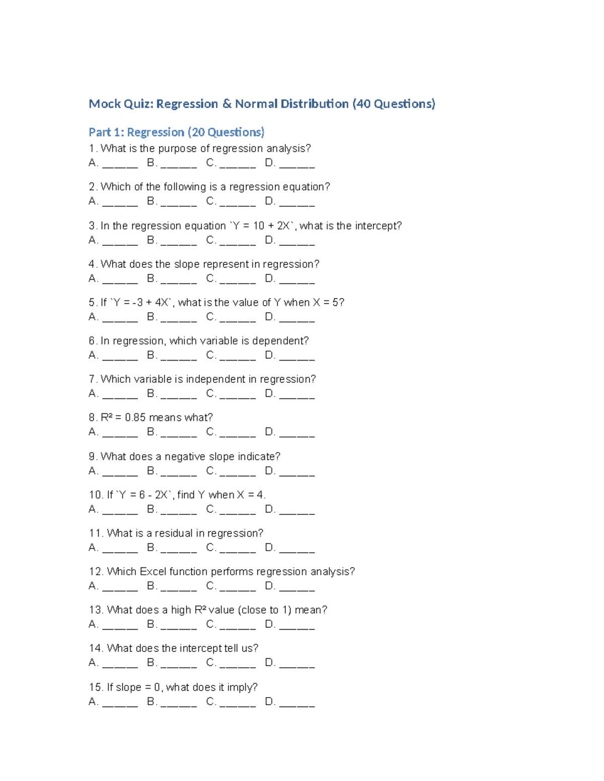 Mock Quiz: Regression & Normal Distribution (40 Questions) - Studocu