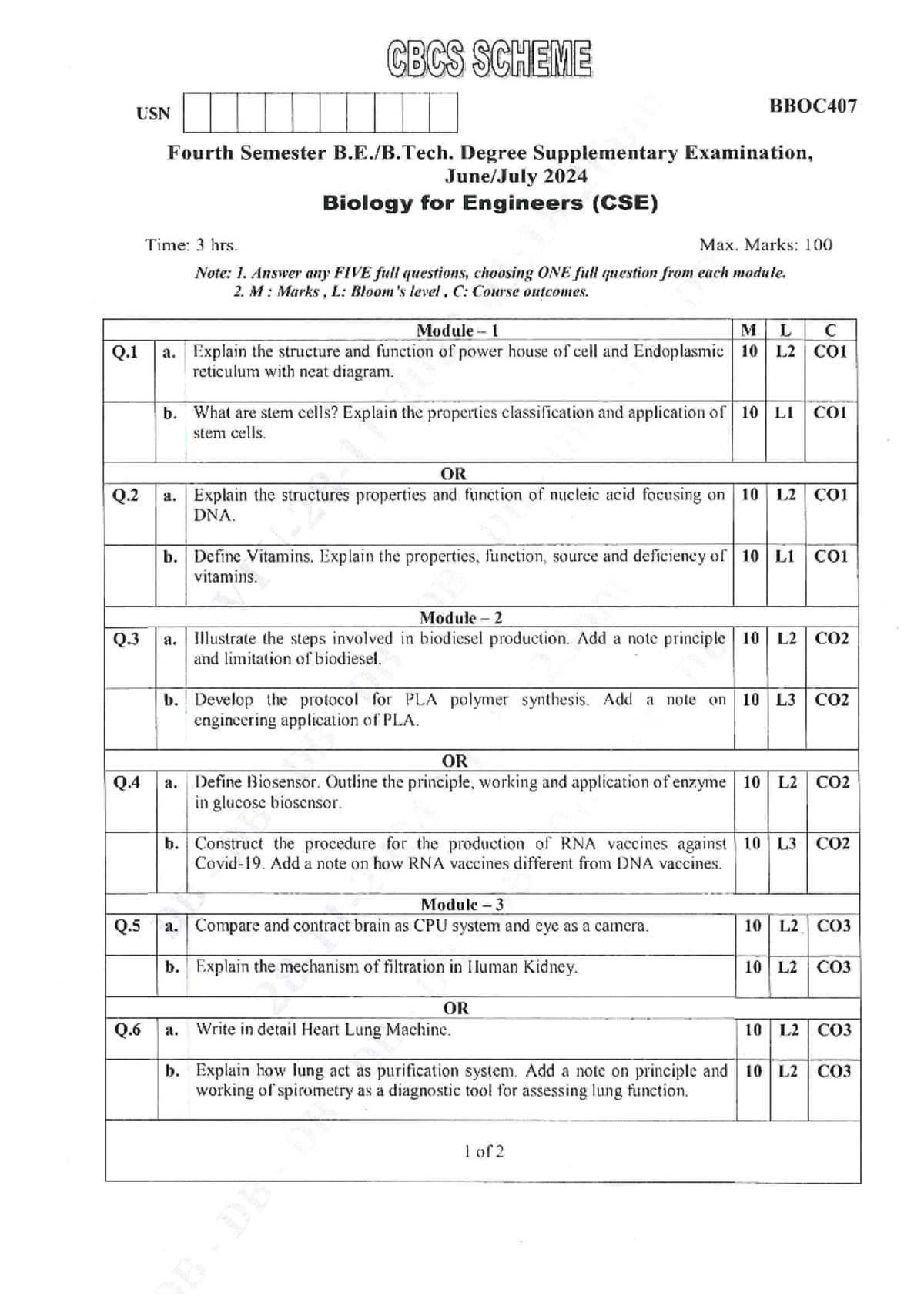 BBOC407 Fourth Sem Biology for Engineers Supplementary Exam 2024 - Studocu