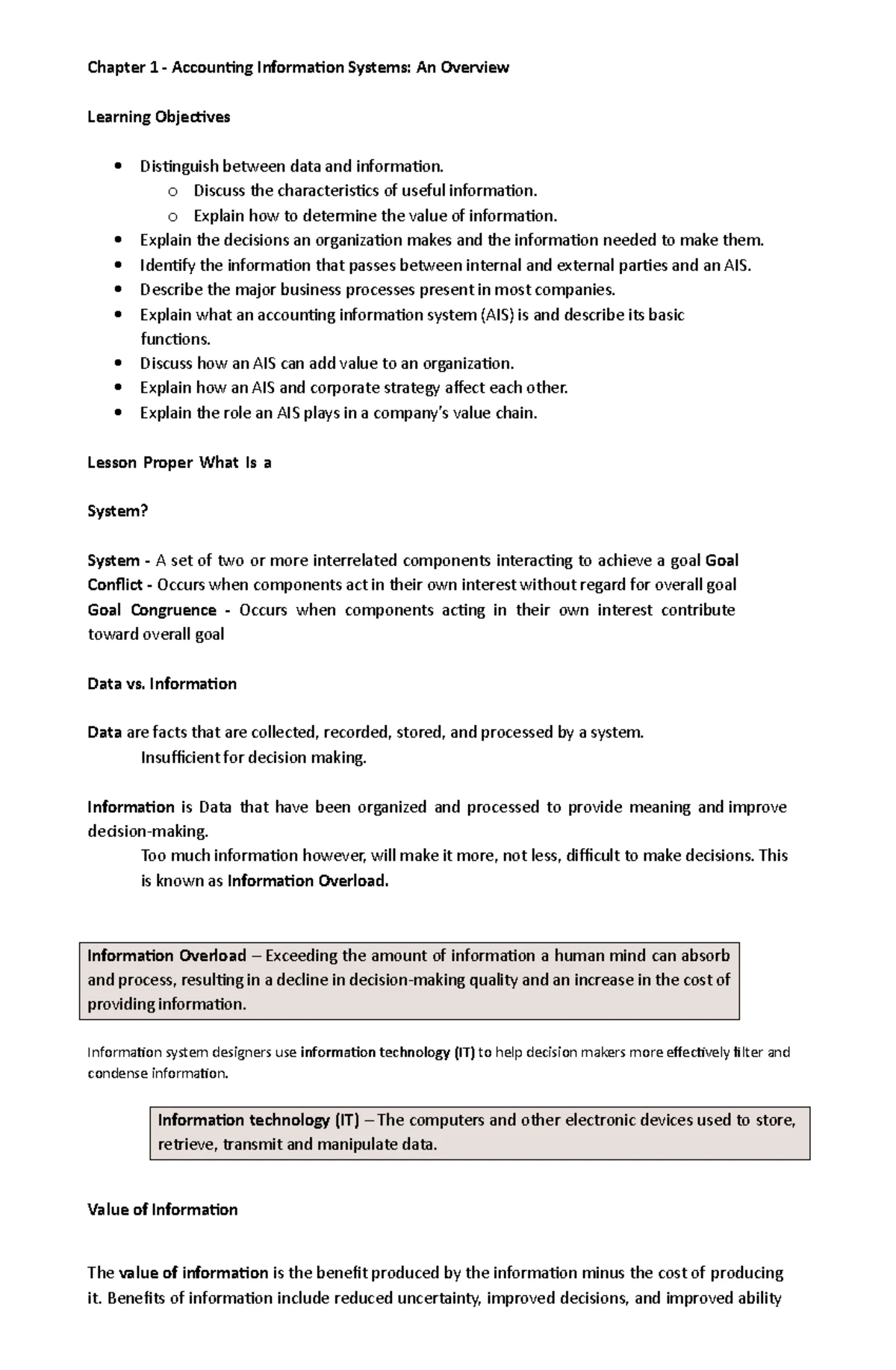 AIS - CHAP1 - Key Concepts from AIS Chapter 1 - Studocu