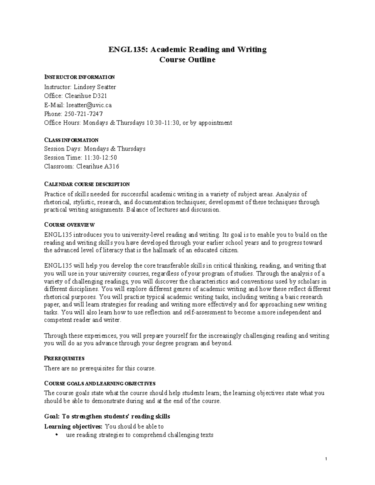 ENGL 135 Course Outline: Academic Reading and Writing Overview - Studocu