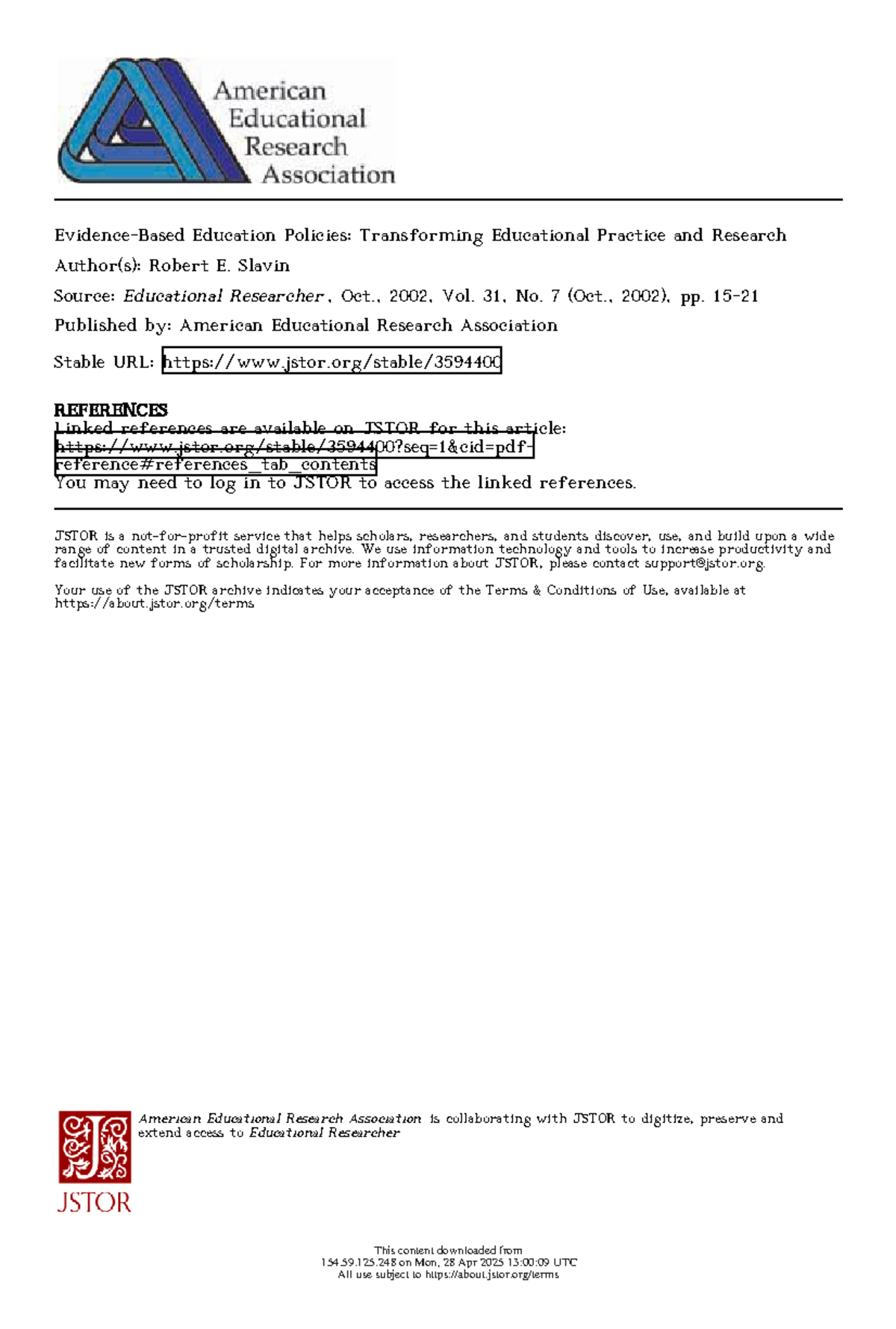 Slavin E. R. - Evidence-Based Education Policies: Transforming Practice ...