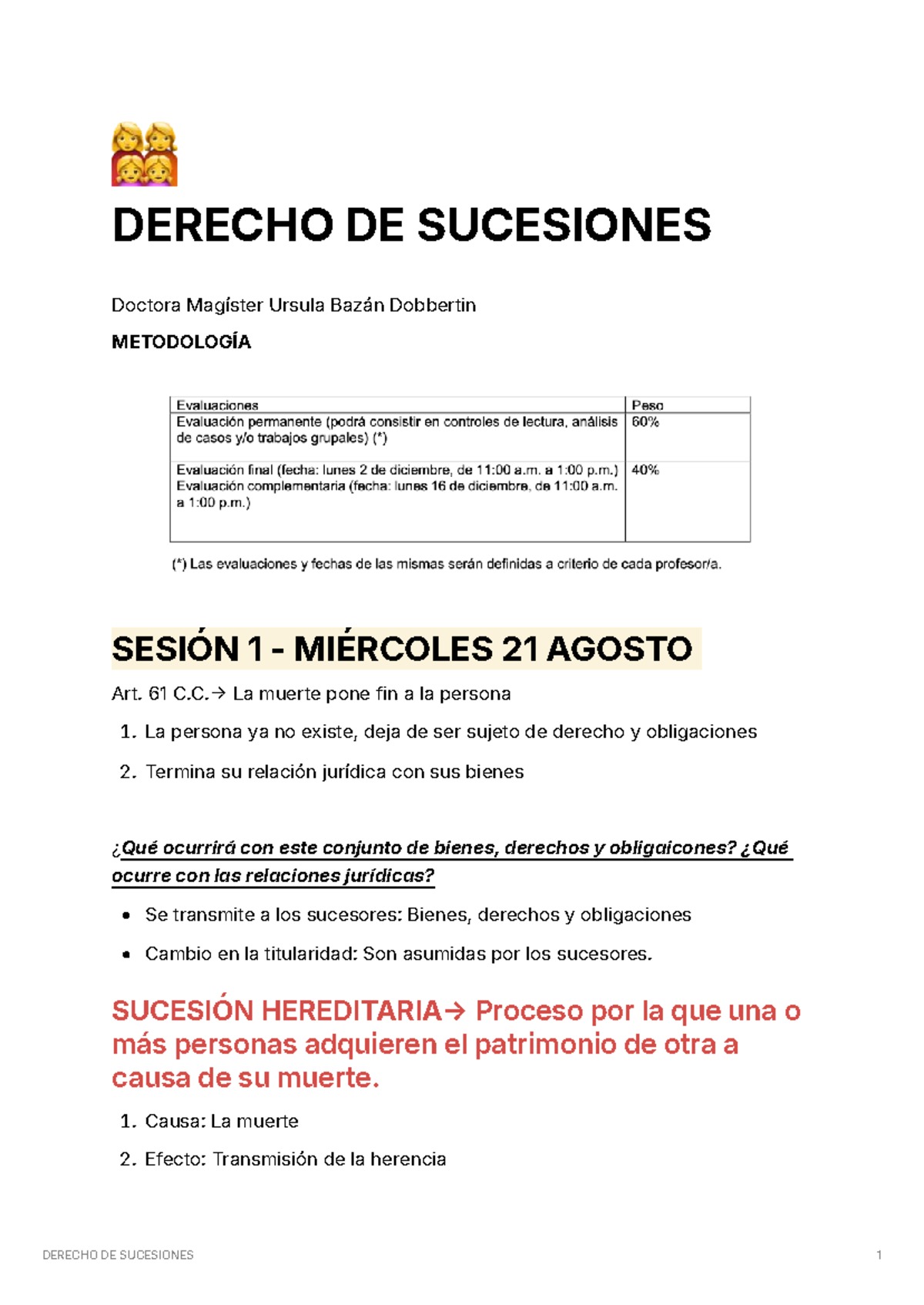 Derecho de Sucesiones - BAZAN: Clases y Procesos Hereditarios - Document Preview