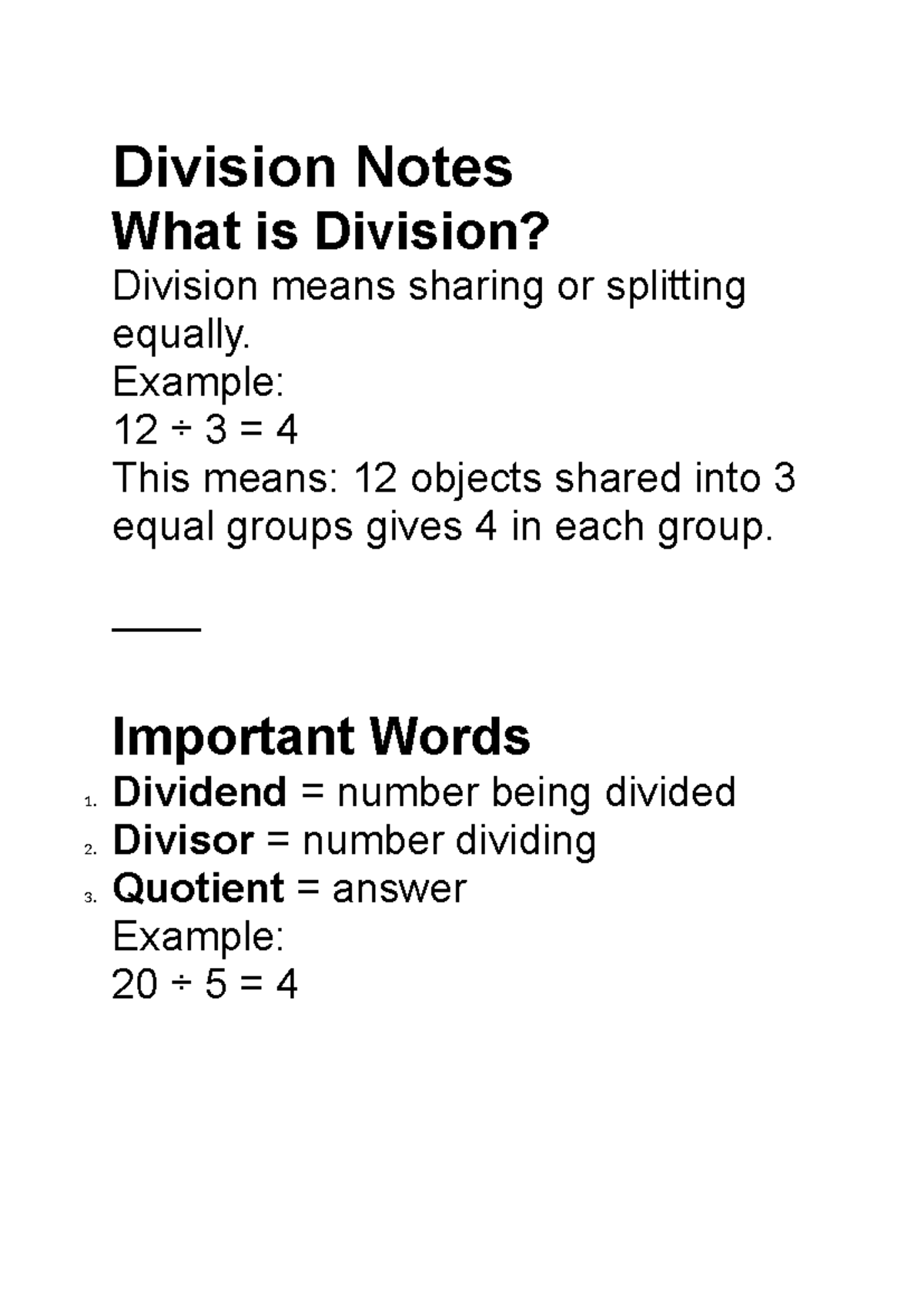 Division Notes: Understanding Division Concepts and Examples - Studocu
