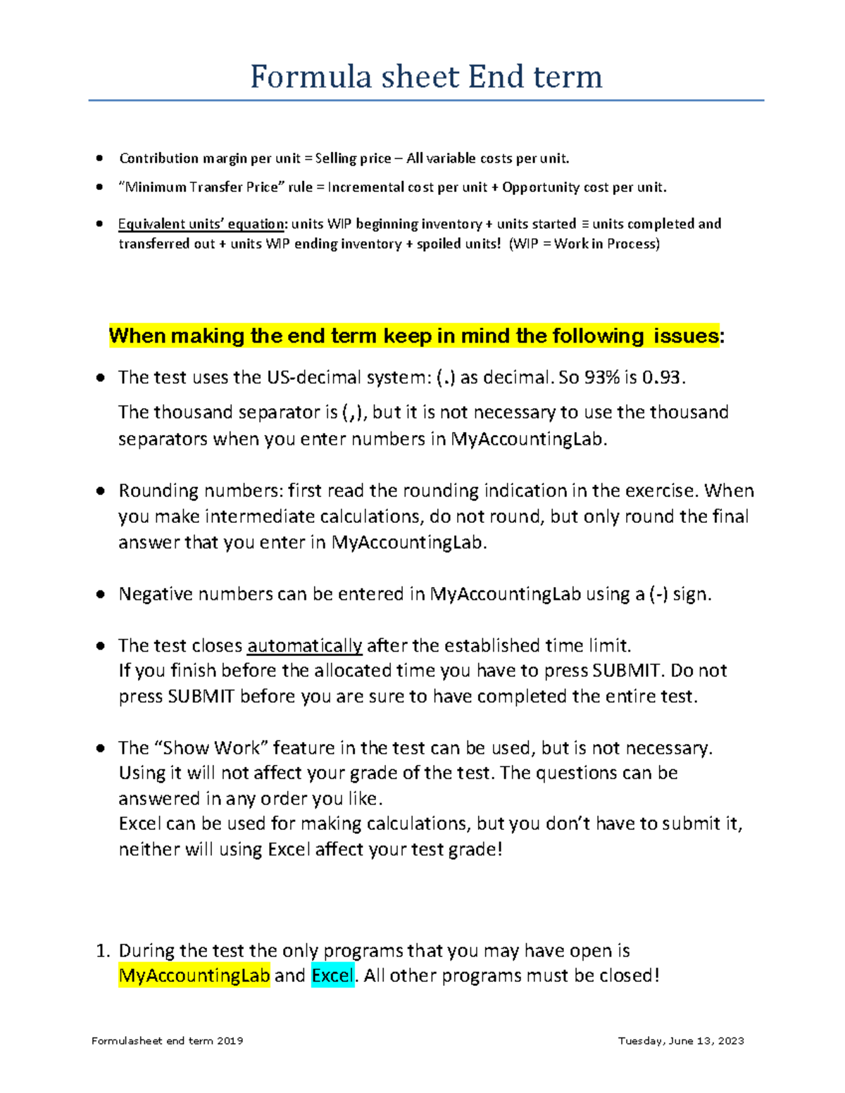End Term Formula Sheet for Exam 2019 - Key Points & Guidelines ...
