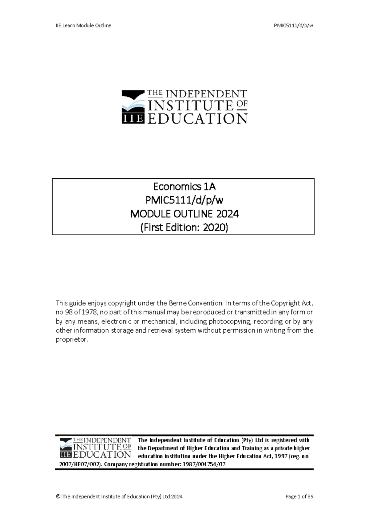 PMIC5111 MO - Module Outline for Economics 1A (2024 Edition) - Studocu