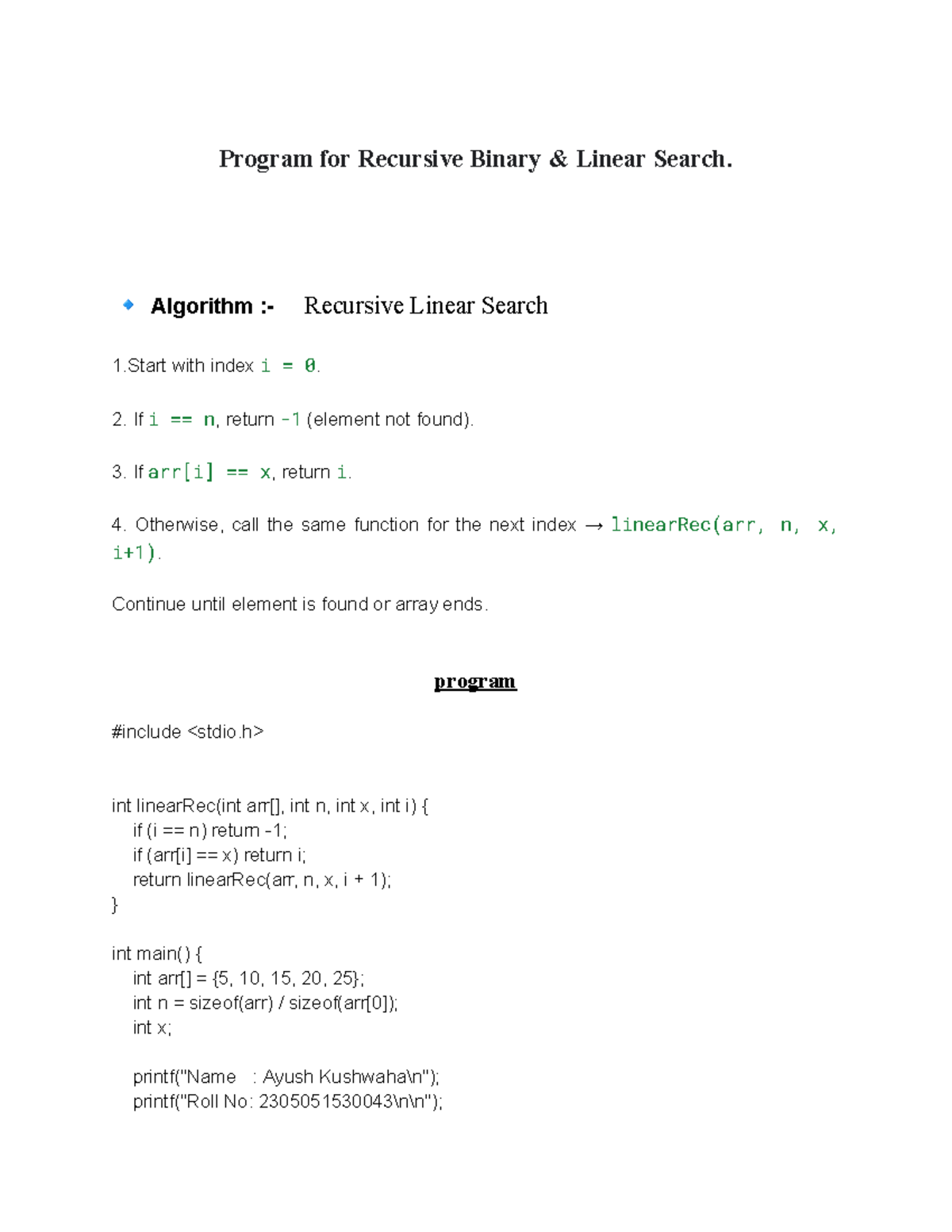 Recursive Search Algorithms: Binary & Linear (CS101) - Studocu