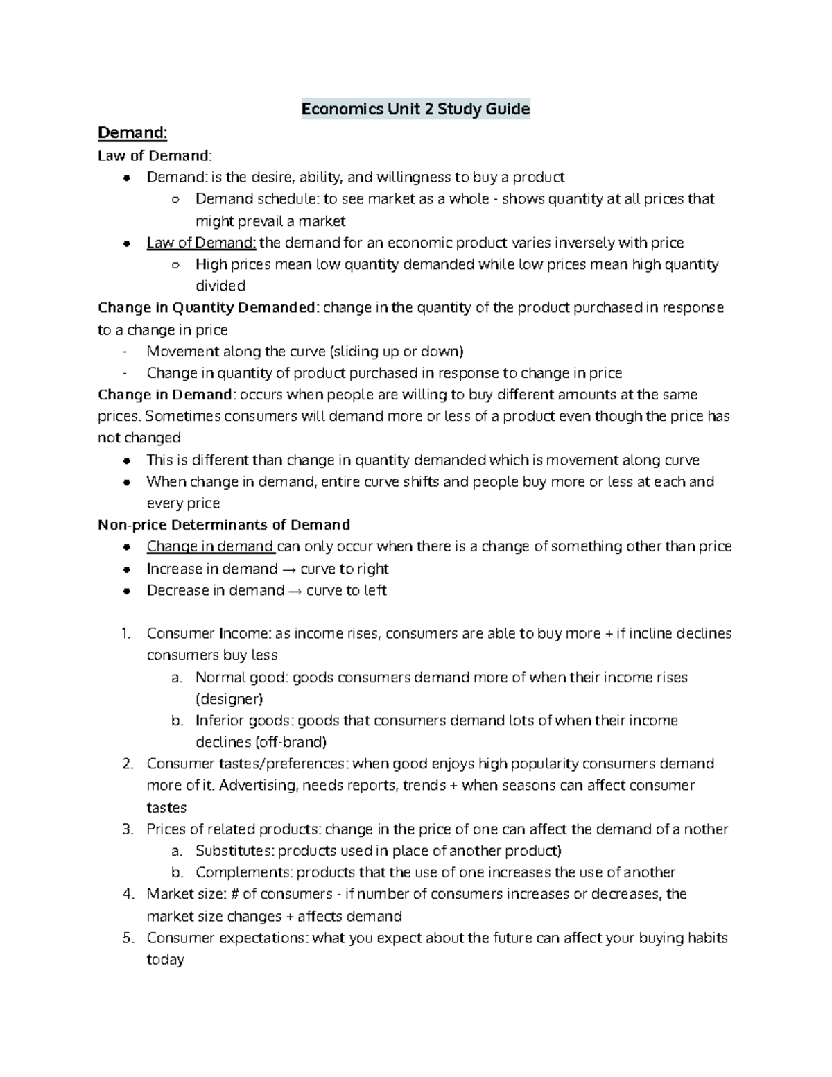 Economics Unit 2 Study Guide: Understanding Demand and Supply Dynamics ...