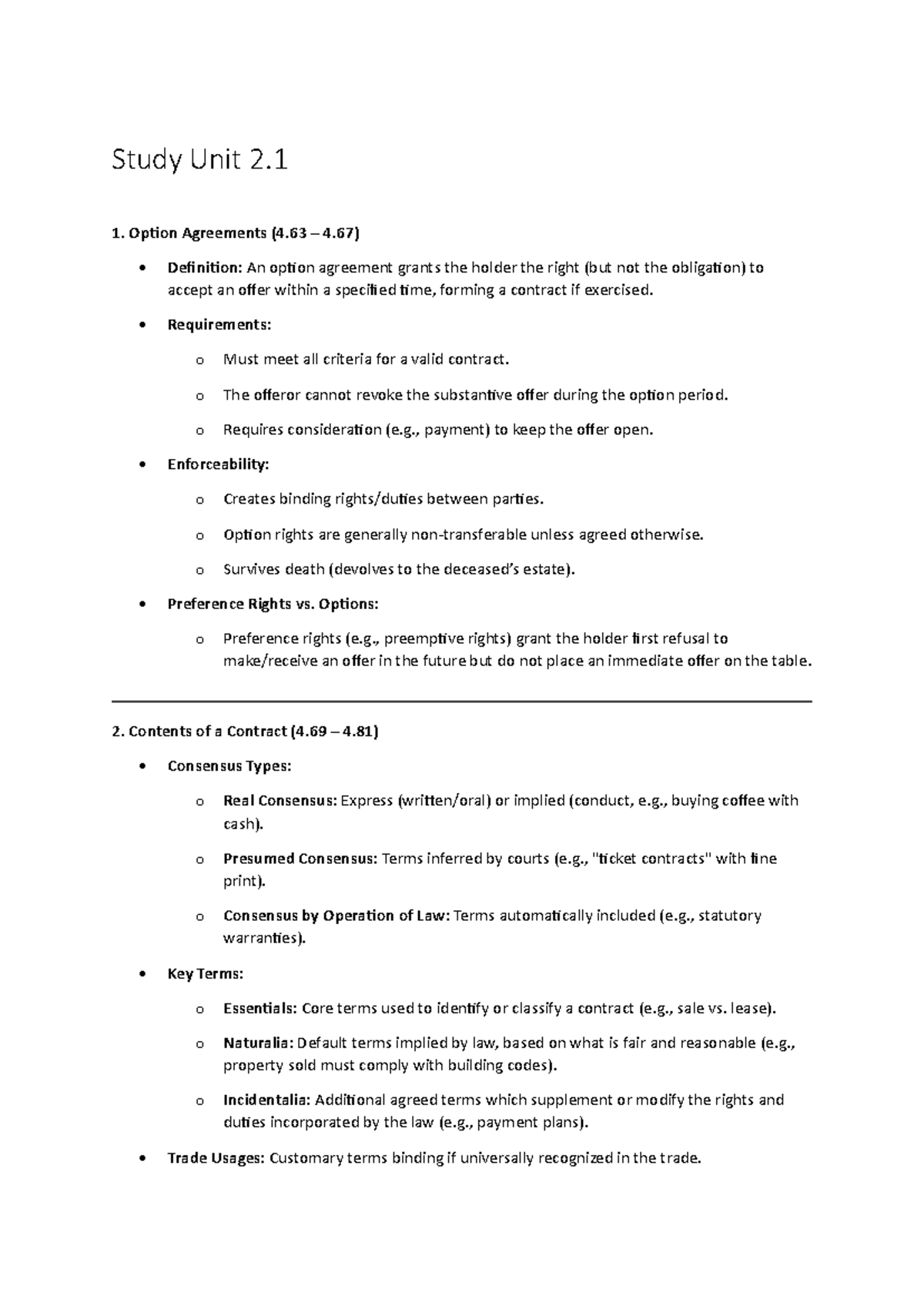 Study Unit 2.1: Option Agreements and Contract Essentials (BSCI 111 ...