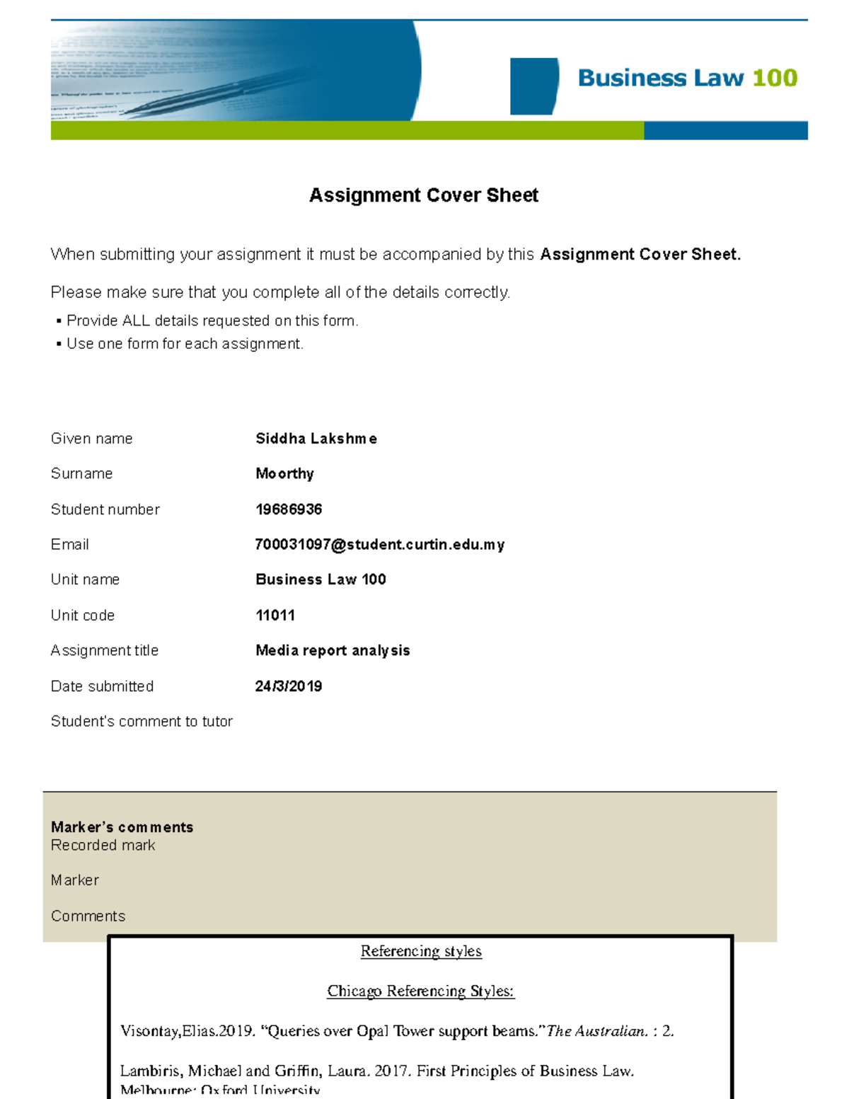 BLAW Media Report Analysis 1st assignment - Assignment Cover Sheet When ...