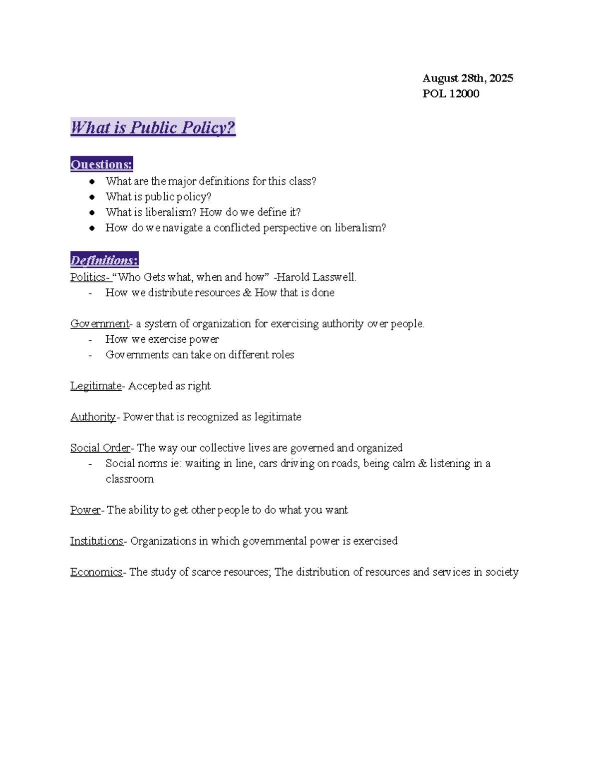 Public Policy and Social Contract Theory - POL 12000 Lecture Notes ...