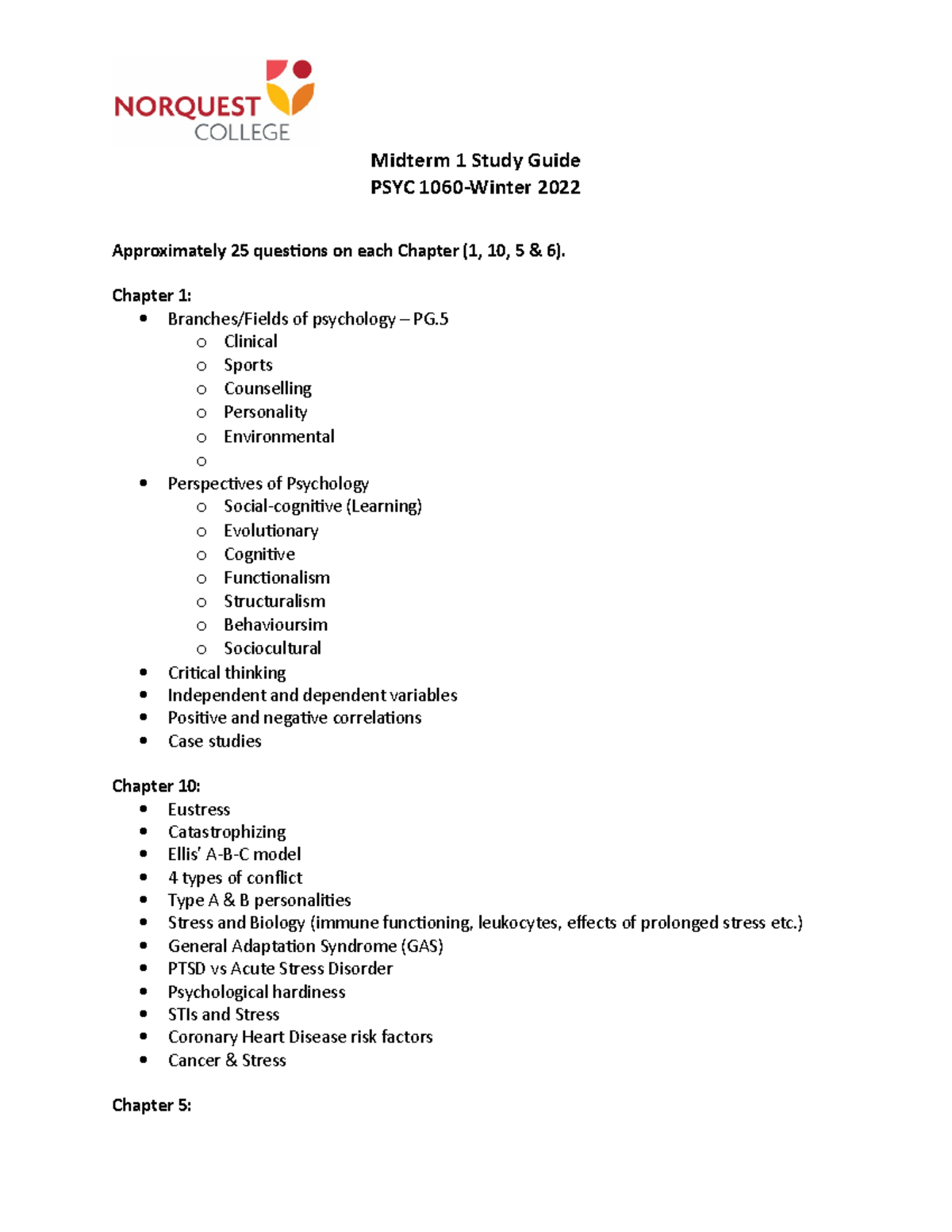 PSYC 1060 Midterm 1 Study Guide - Key Concepts & Topics (Winter 2022 ...