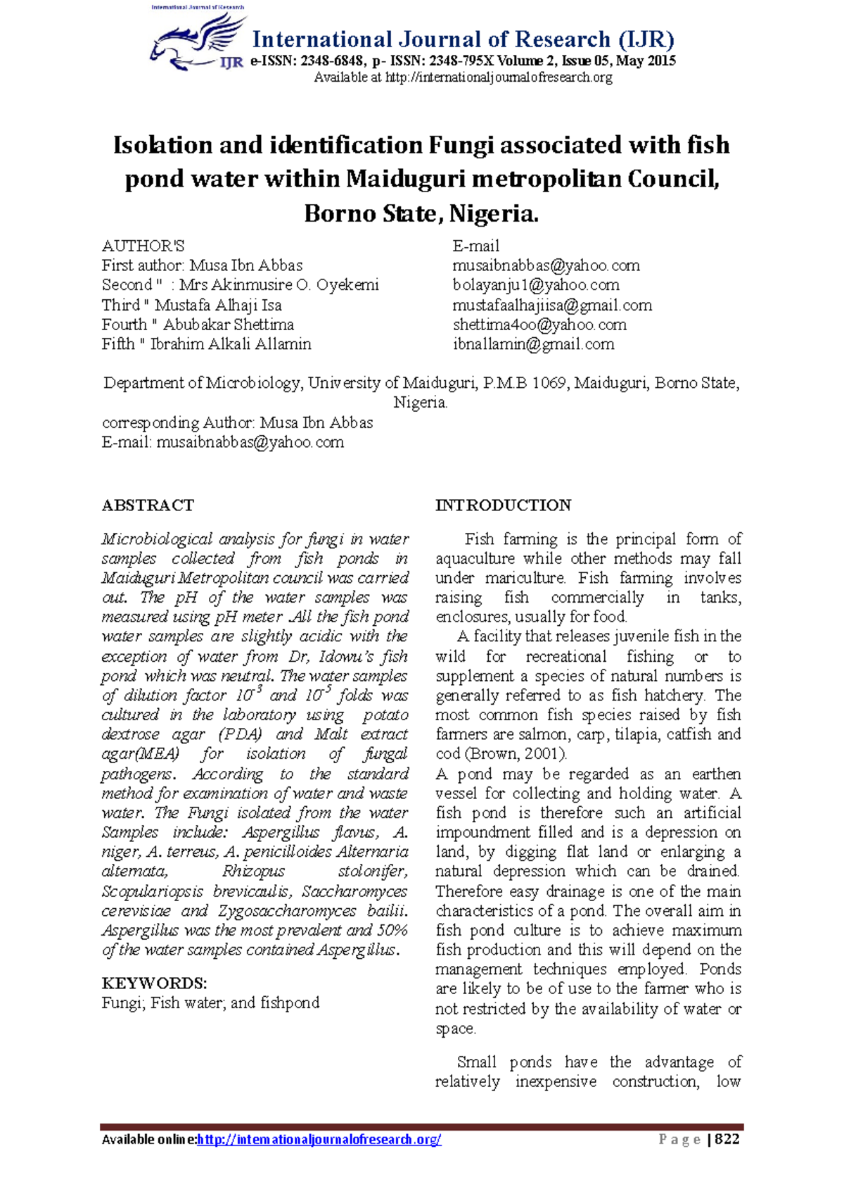 Isolation and Identification of Fungi in Fish Pond Water (IJR) - Studocu