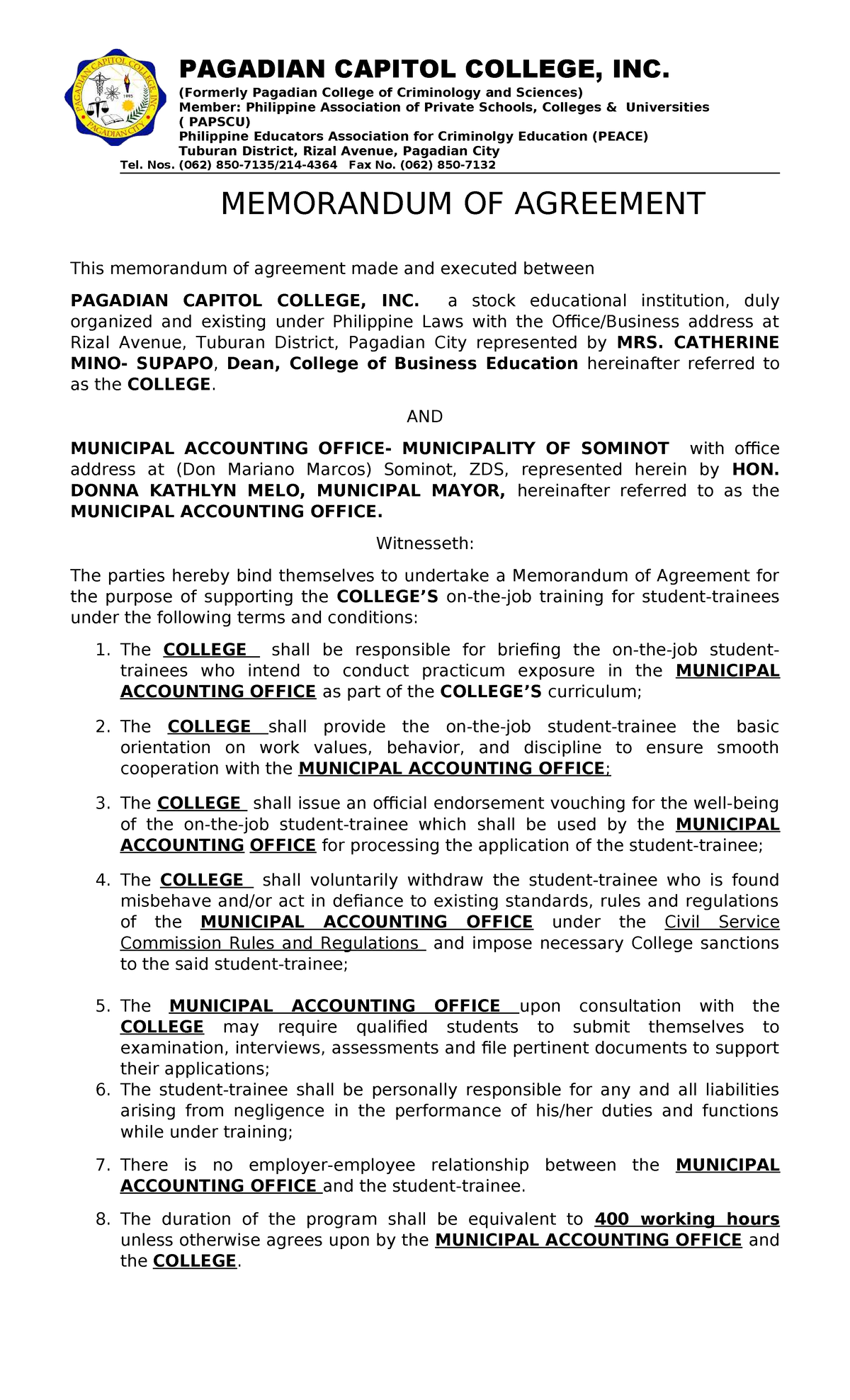 Memorandum of Agreement for Practicum 2025 - Pagadian Capitol College ...
