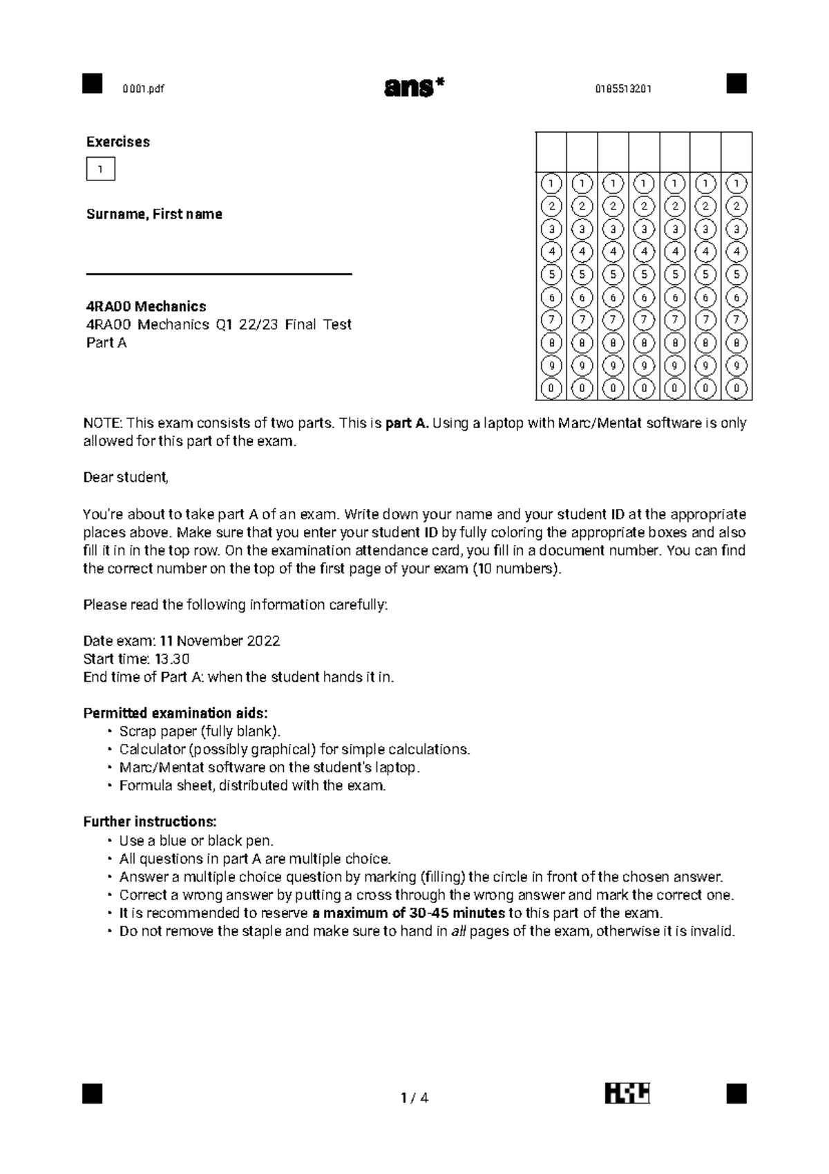 4RA00-Mechanics Final Exam Instructions - Part A - Studeersnel