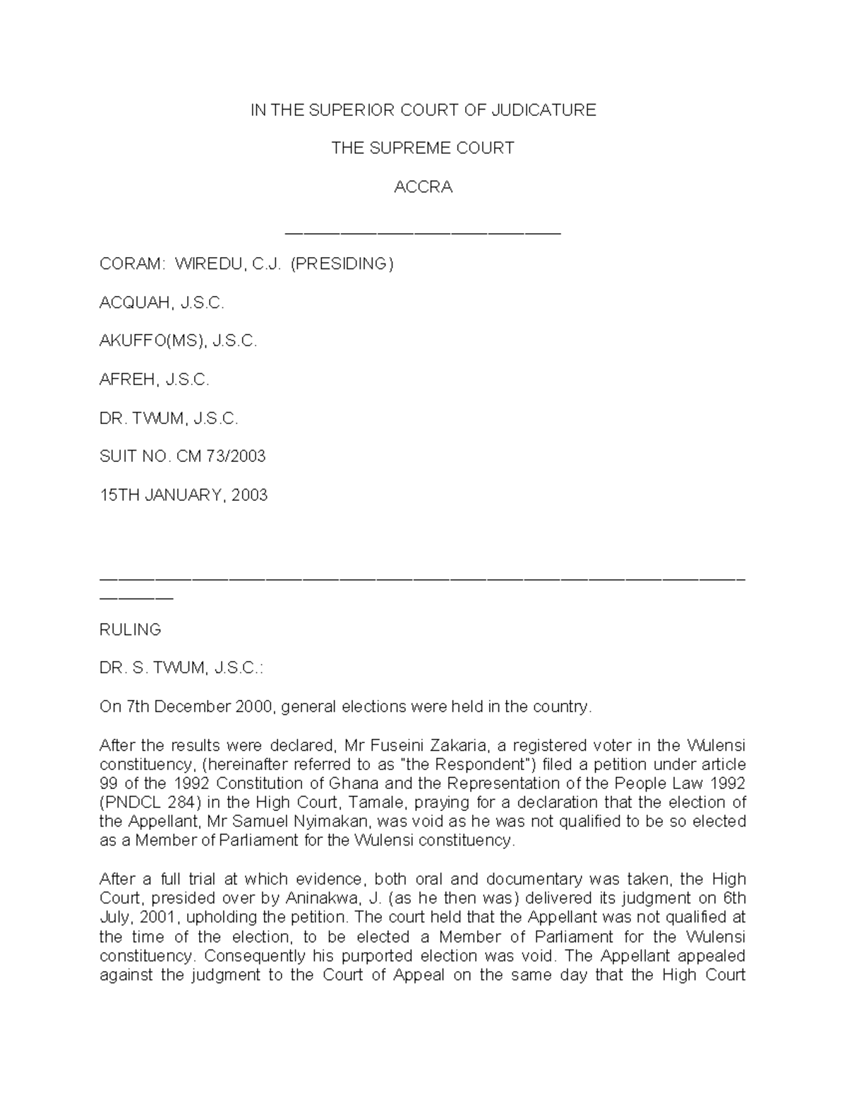 Supreme Court Ruling on Election Petition: Suit No. CM 15/2003 - Studocu