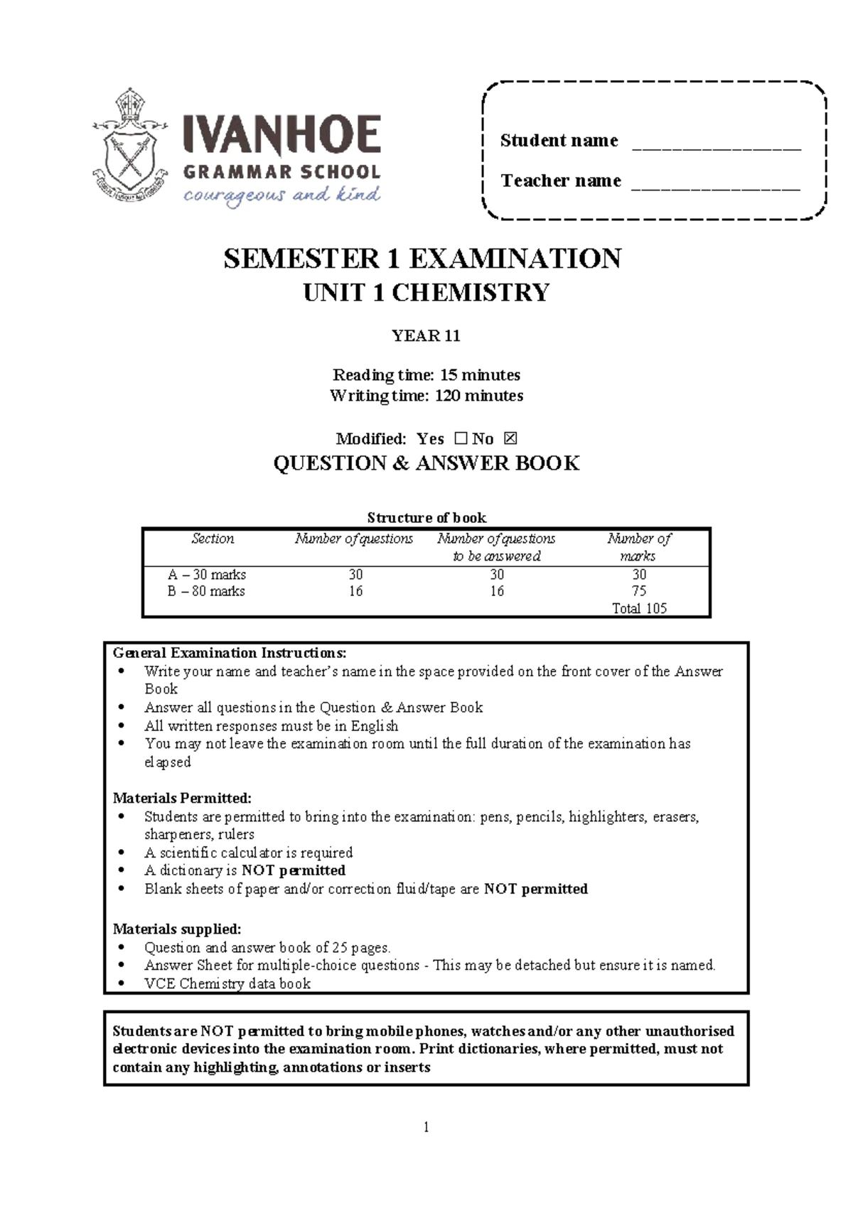 2023 Year 11 IGS Chemistry Semester 1 Exam Paper 1 - Studocu